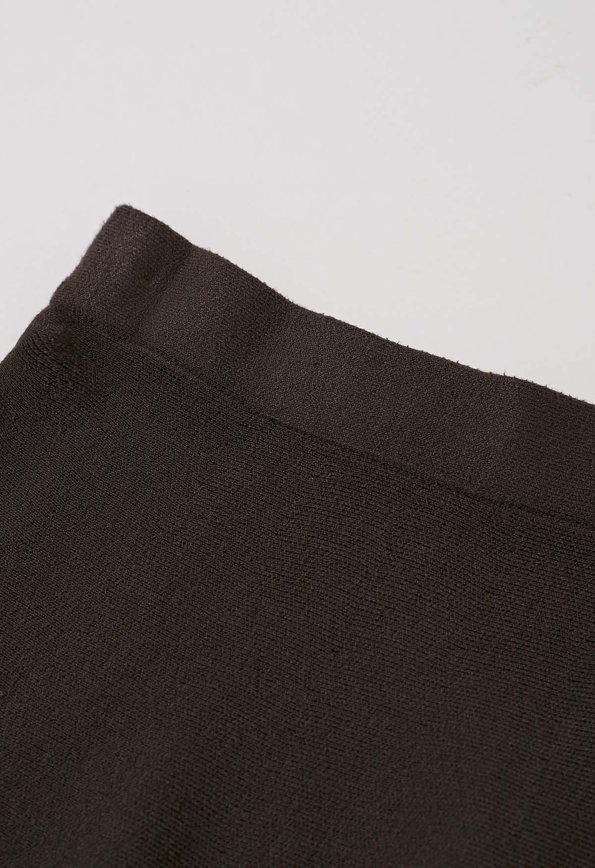 Solid Color A-Line Knit Midi Skirt in Brown