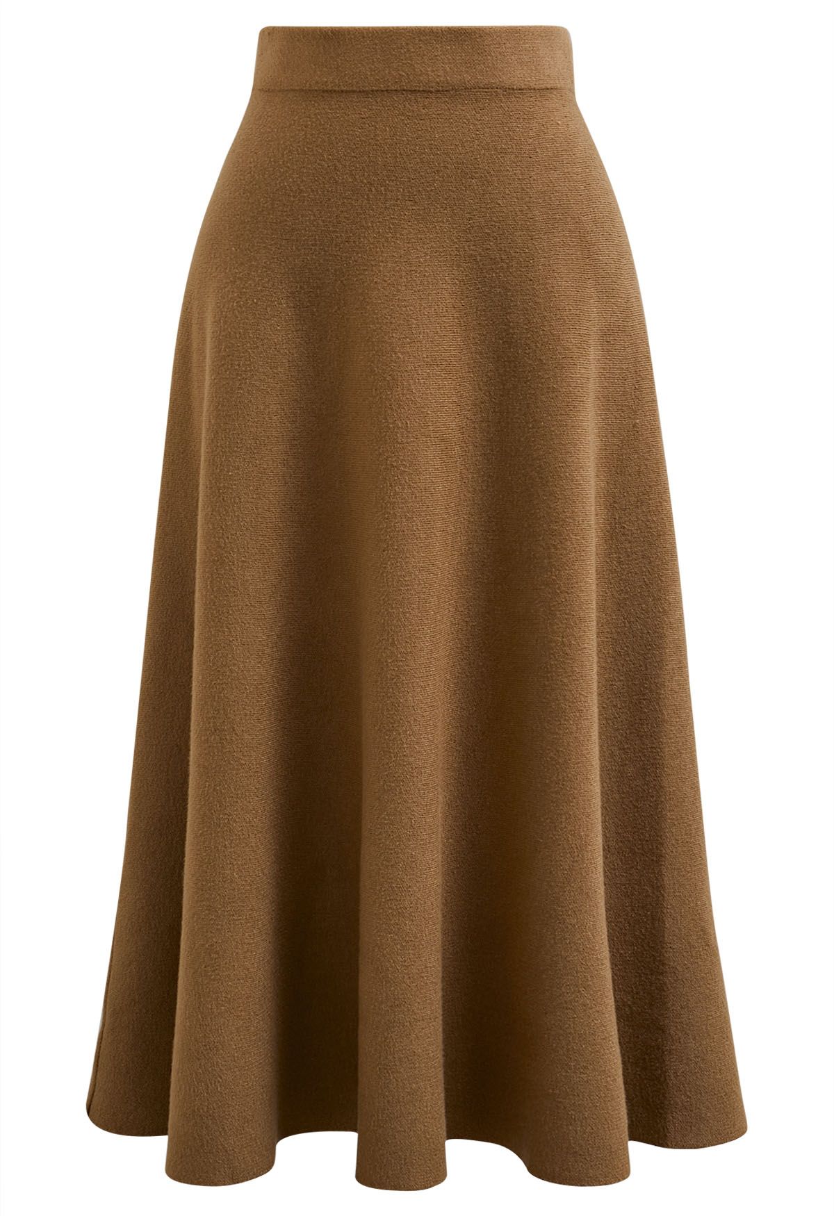 Solid Color A-Line Knit Midi Skirt in Camel