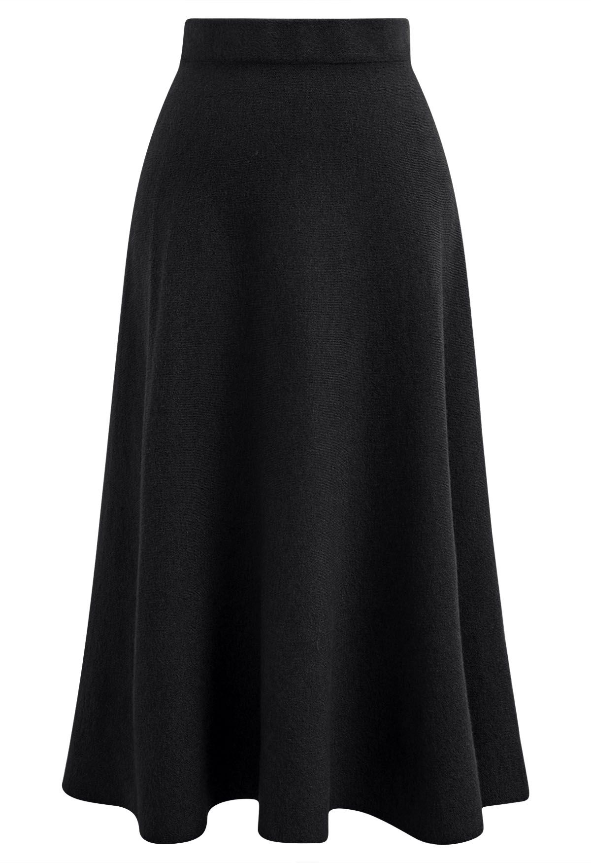 Solid Color A-Line Knit Midi Skirt in Black