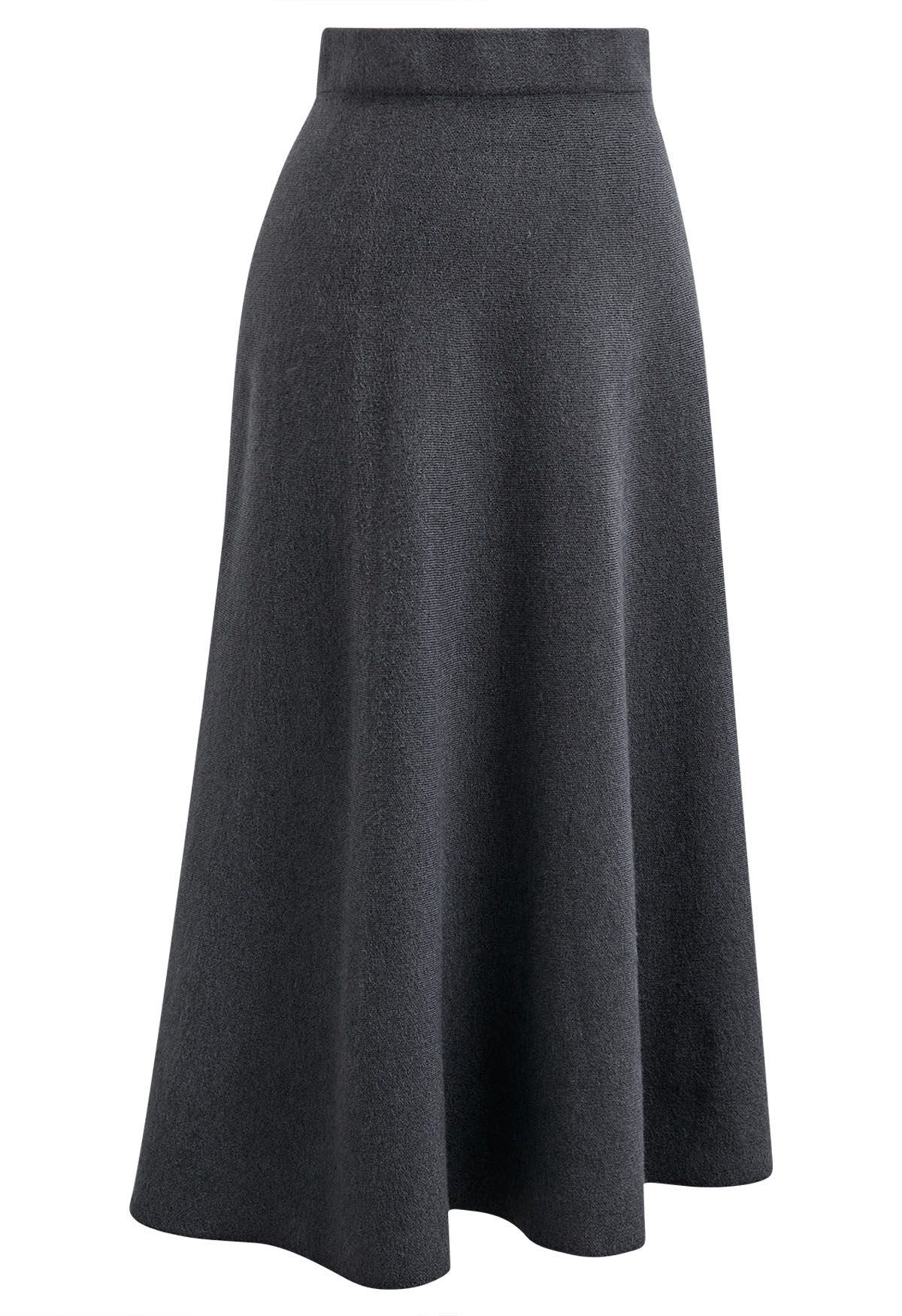 Solid Color A-Line Knit Midi Skirt in Smoke