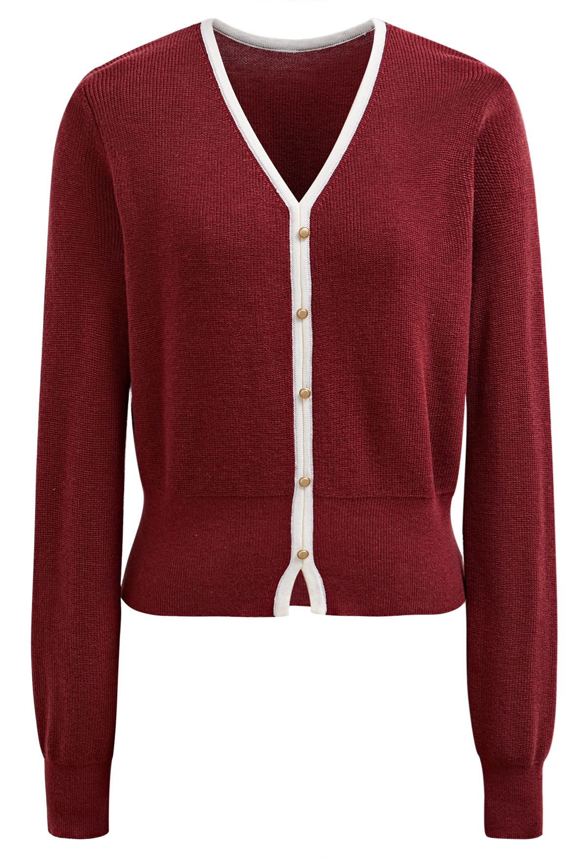 Button Trim Contrast Knit Cardigan in Red