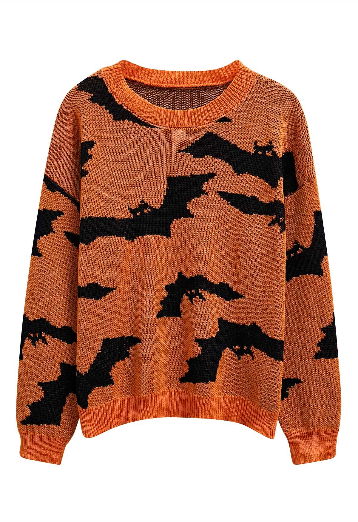 Spooky Bats Pattern Long-Sleeve Knit Sweater