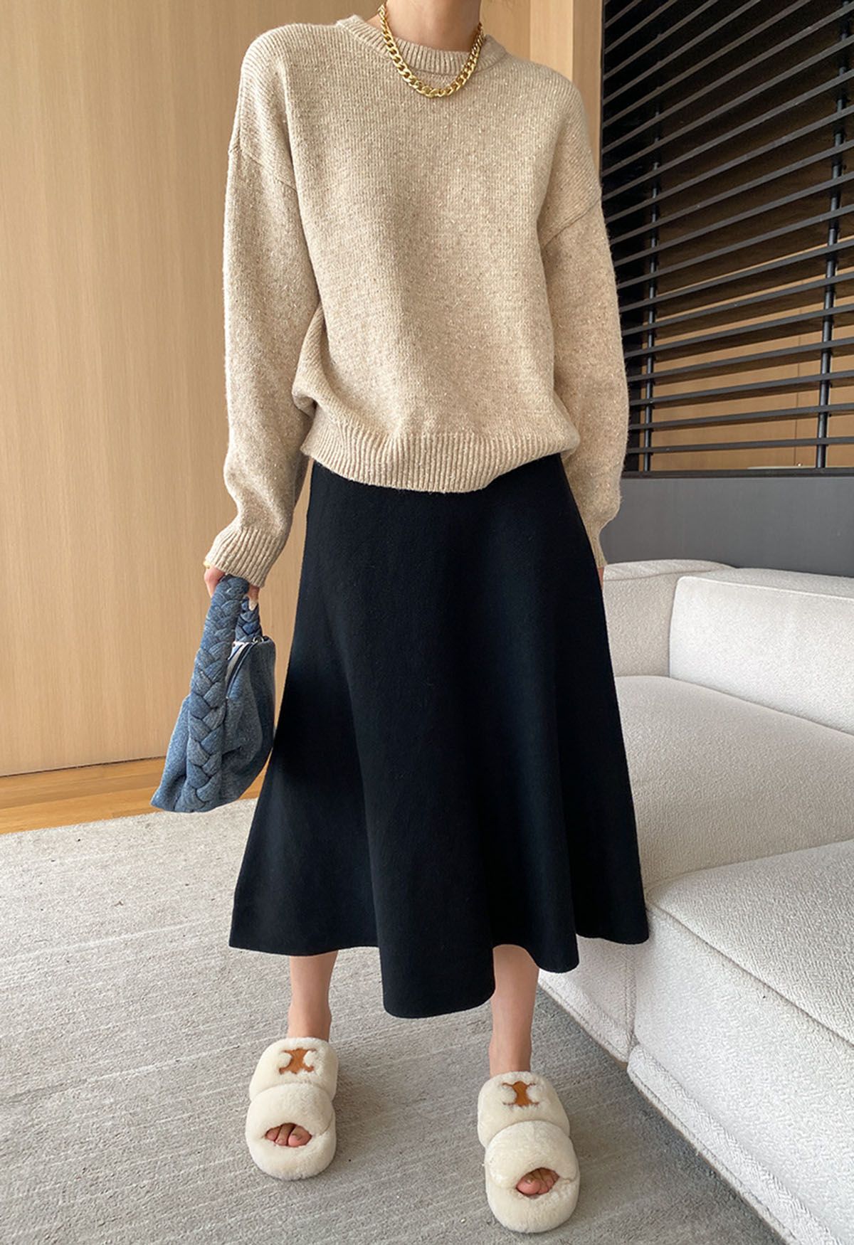 Solid Color A-Line Knit Midi Skirt in Black