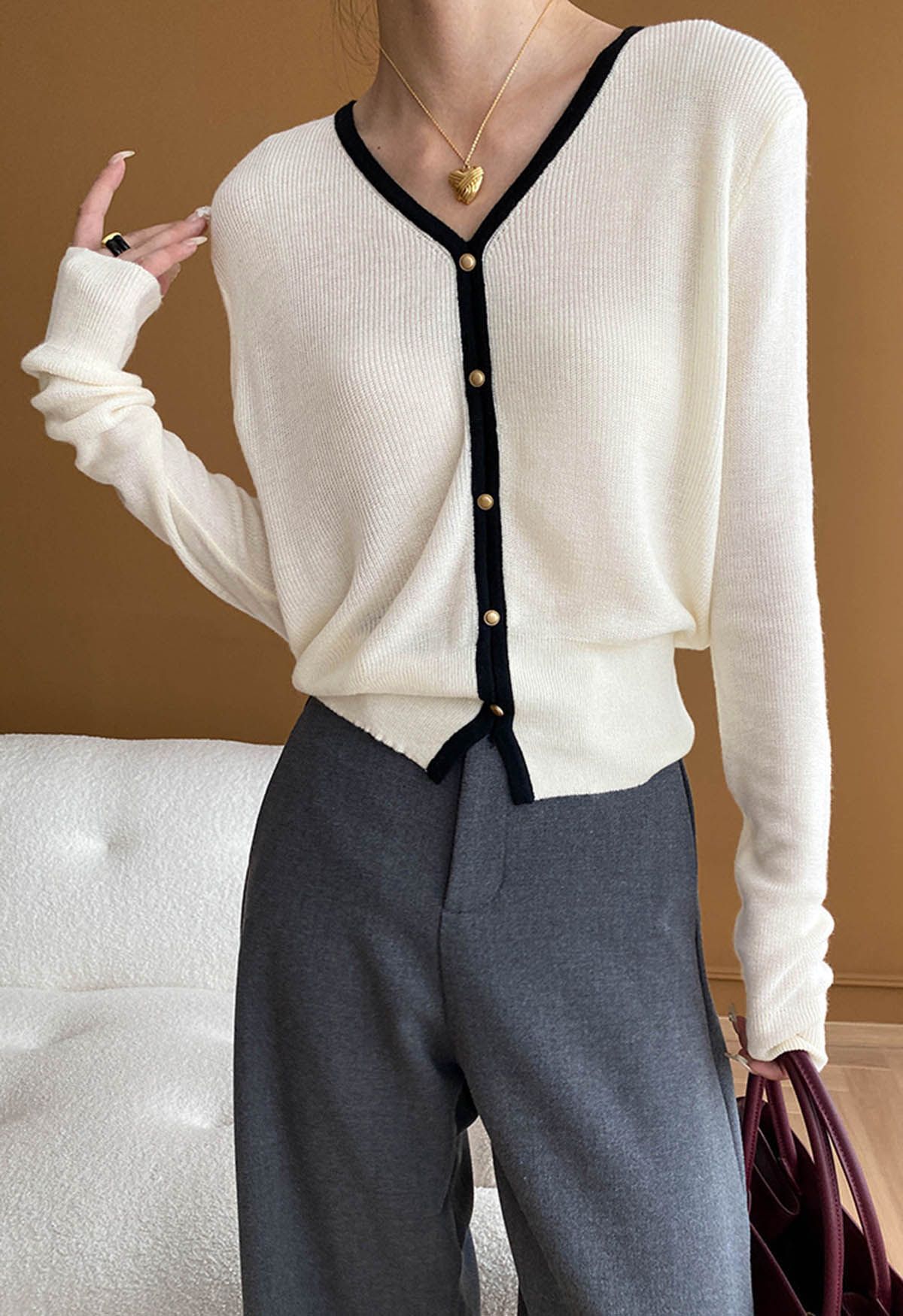 Button Trim Contrast Knit Cardigan in White