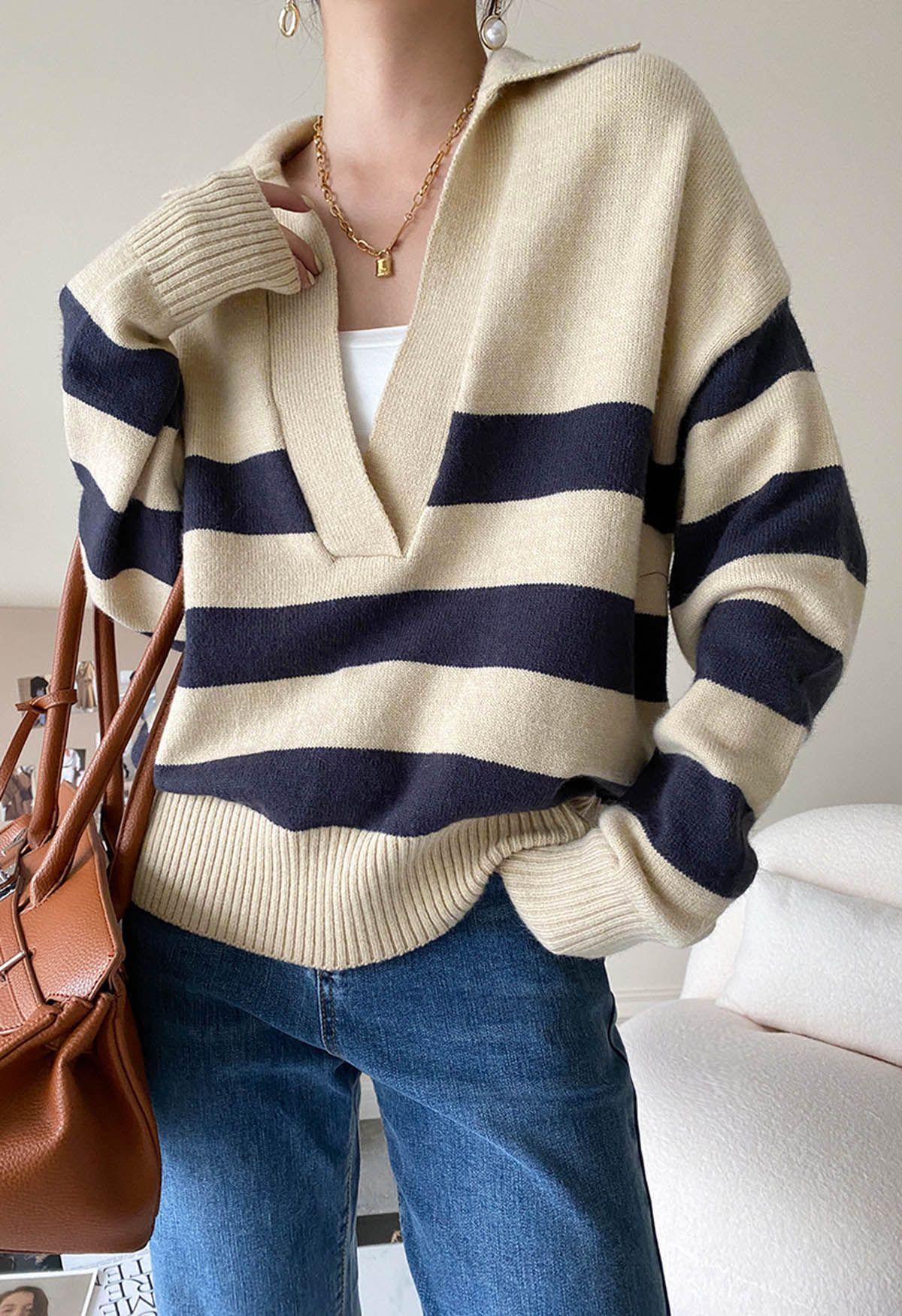 Casual Stripe V-Neck Knit Sweater