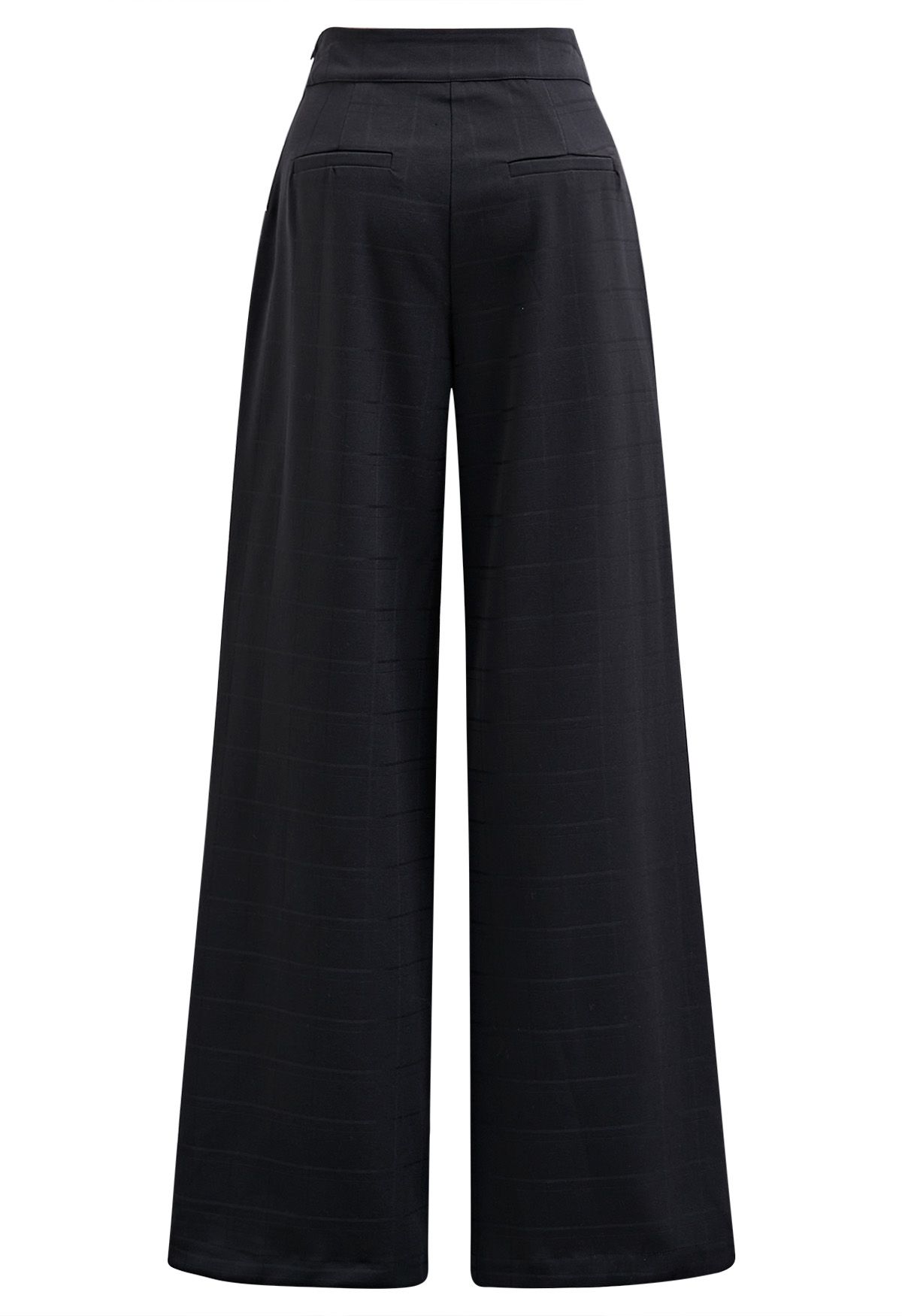 Grid Print Button Decor Straight-Leg Pants in Black