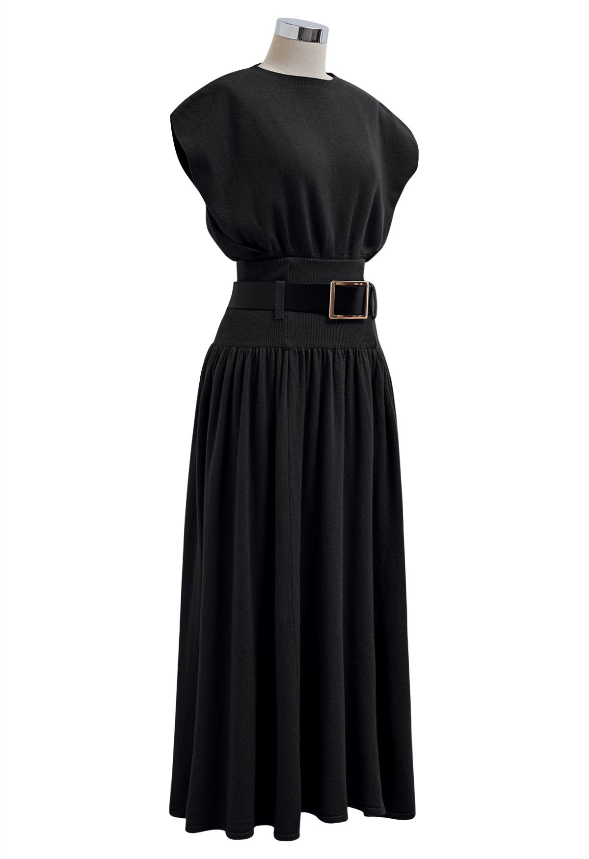 Gentle Knit Top and Belted High Waist Skirt Set in Black