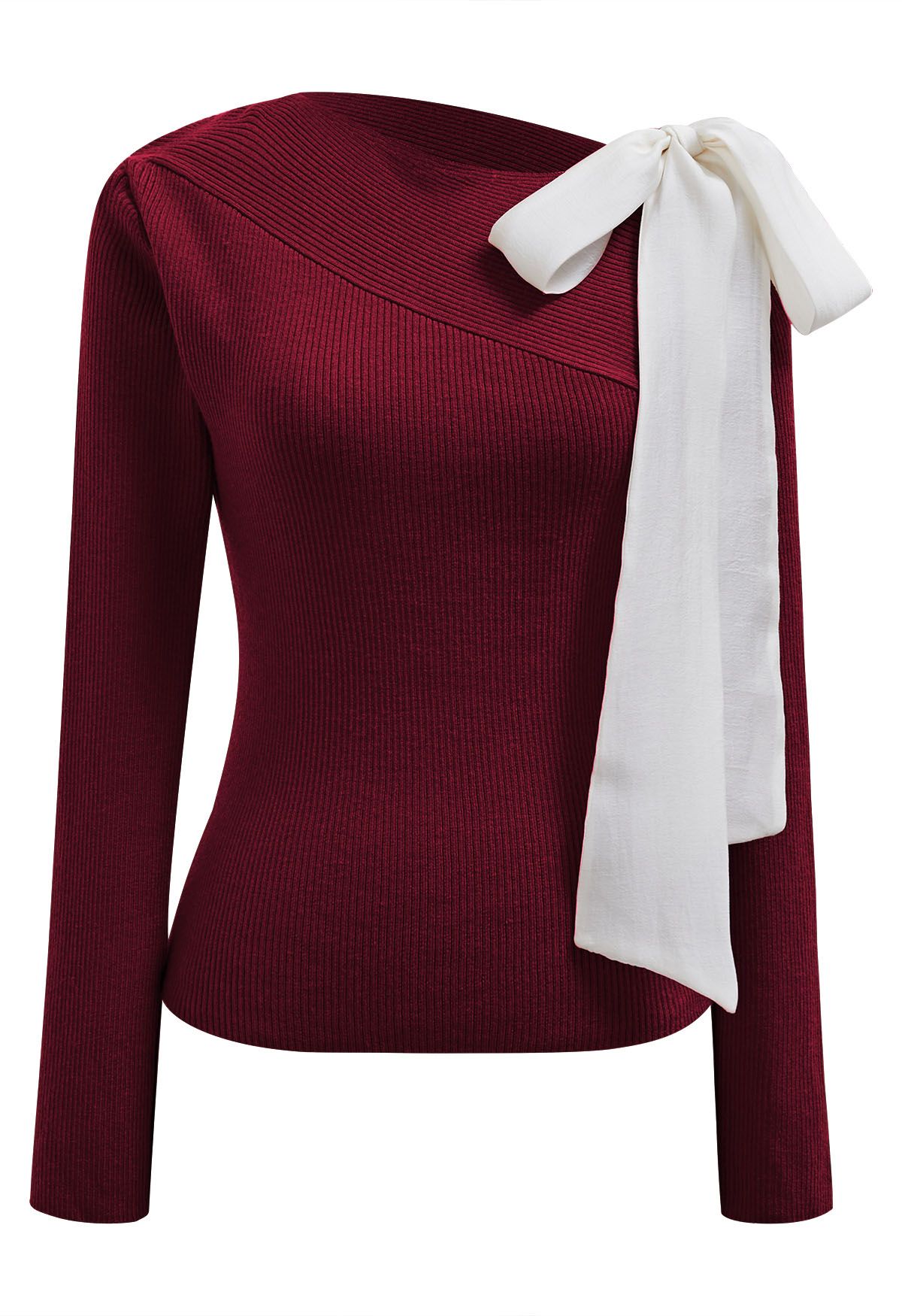 Sheer Tie-Strap One Shoulder Knit Top in Burgundy