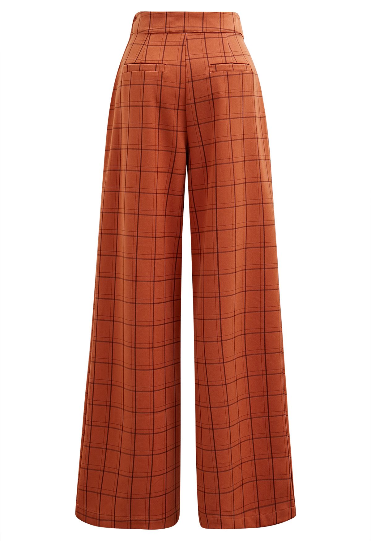 Grid Print Button Decor Straight-Leg Pants in Orange