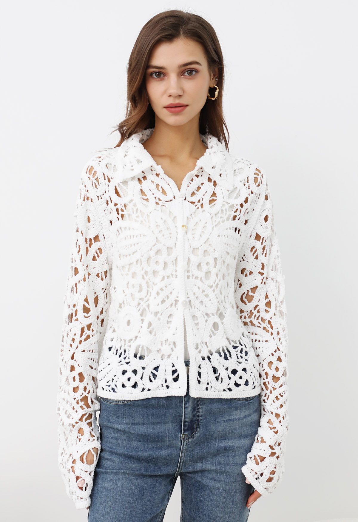 Floral Cutwork Crochet Buttoned Top