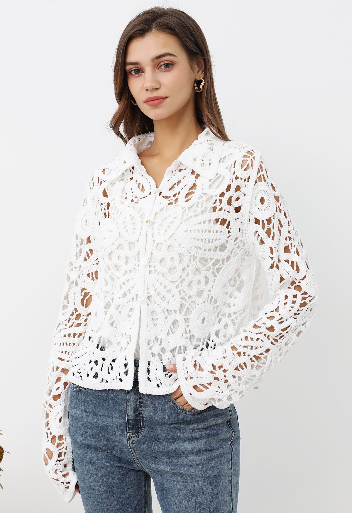 Floral Cutwork Crochet Buttoned Top