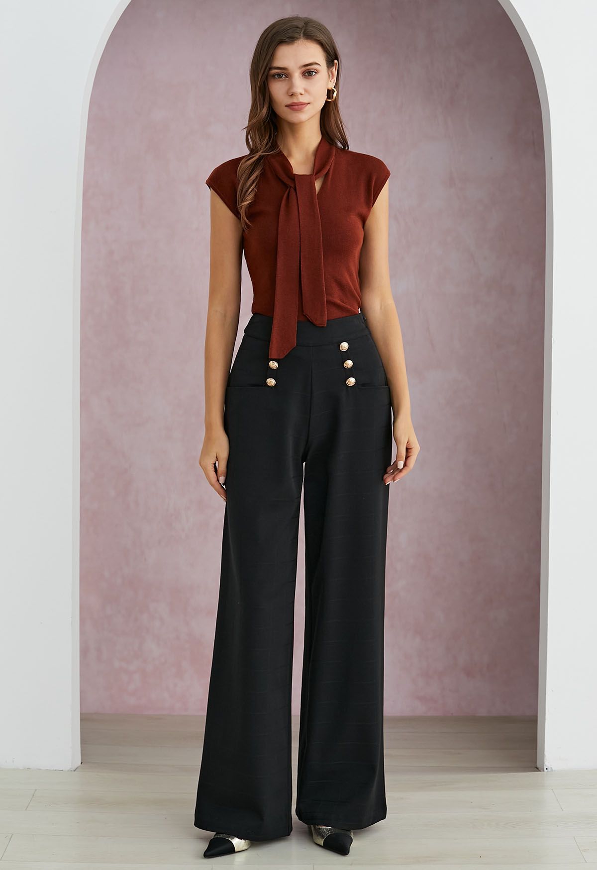 Ribbon-Tied Neckline Cap Sleeve Knit Top in Burgundy