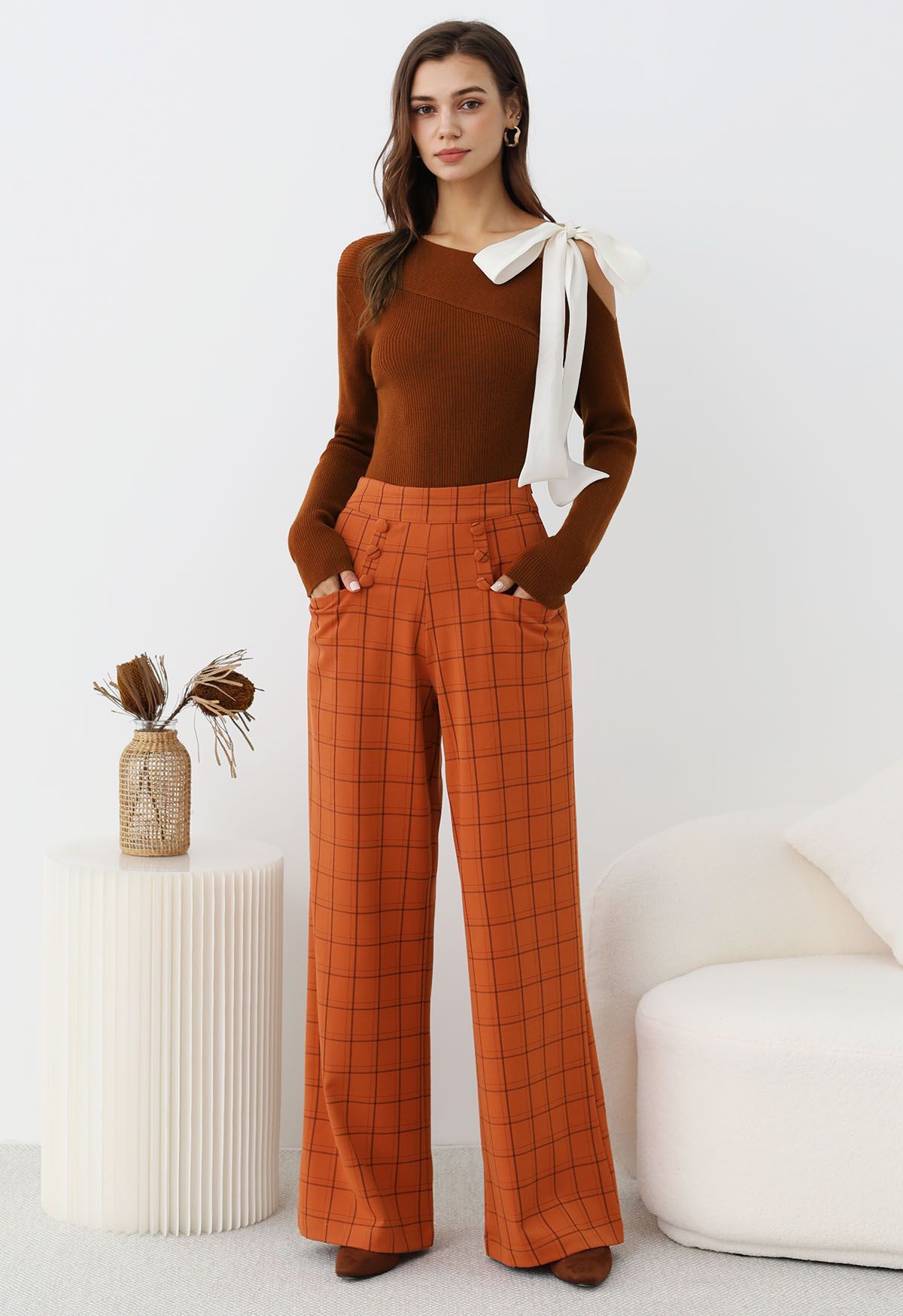 Grid Print Button Decor Straight-Leg Pants in Orange