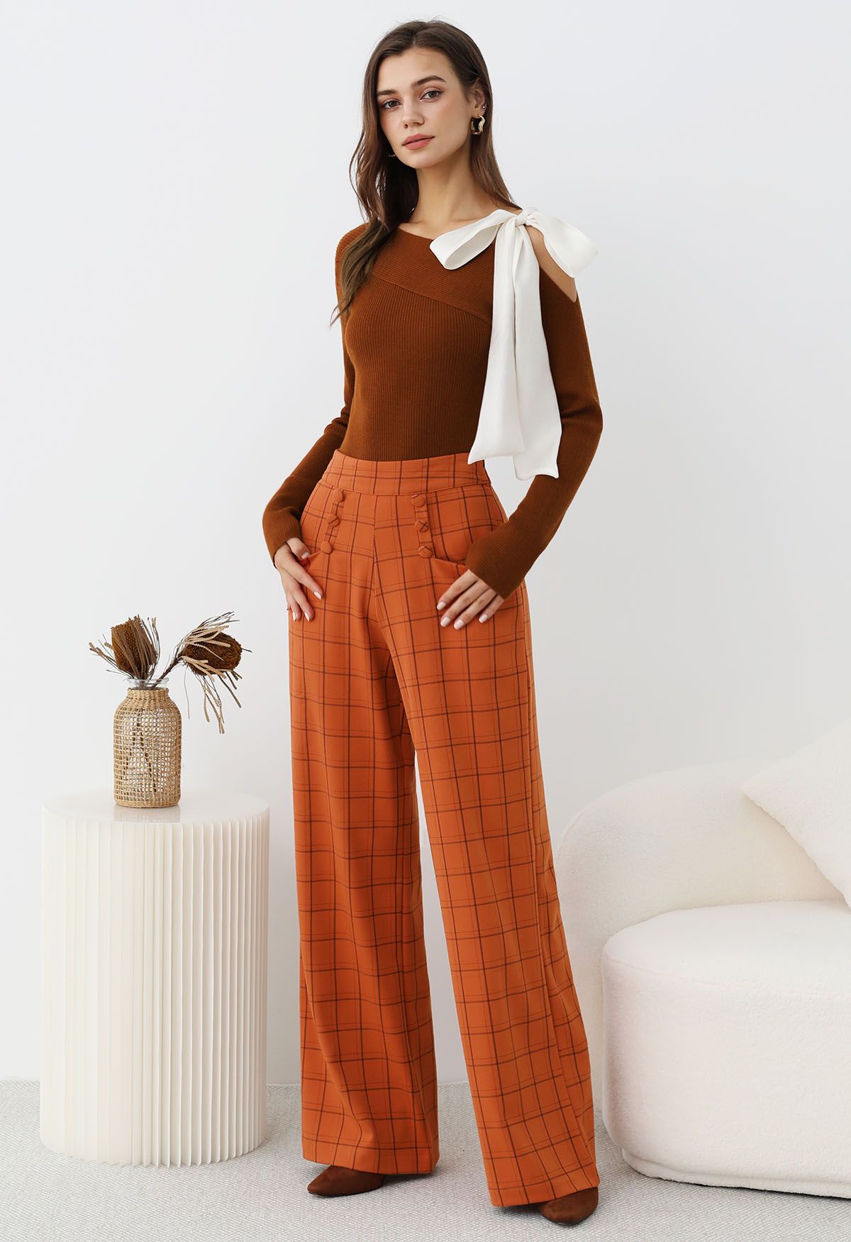 Grid Print Button Decor Straight-Leg Pants in Orange