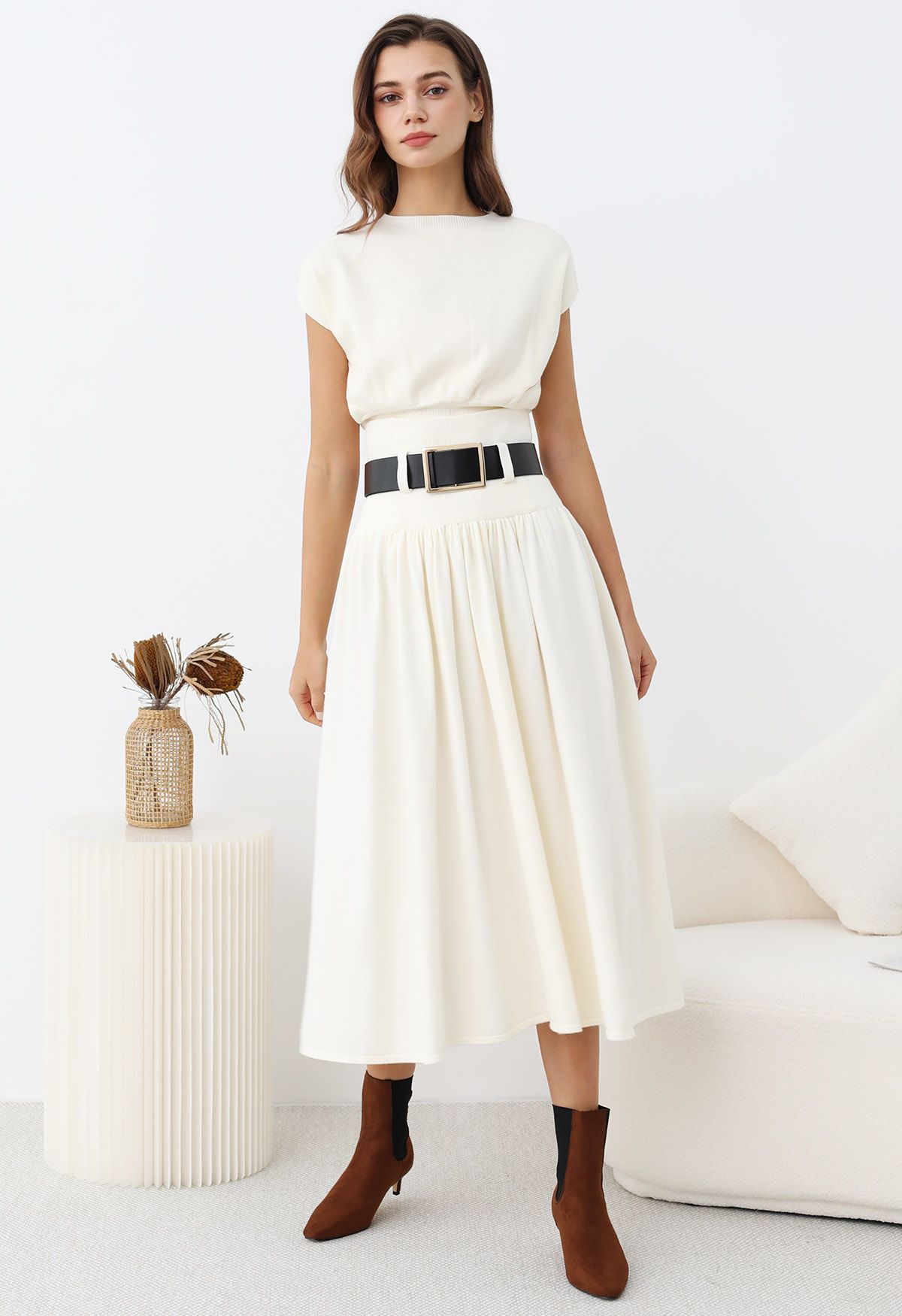 Gentle Knit Top and Belted High Waist Skirt Set in Cream