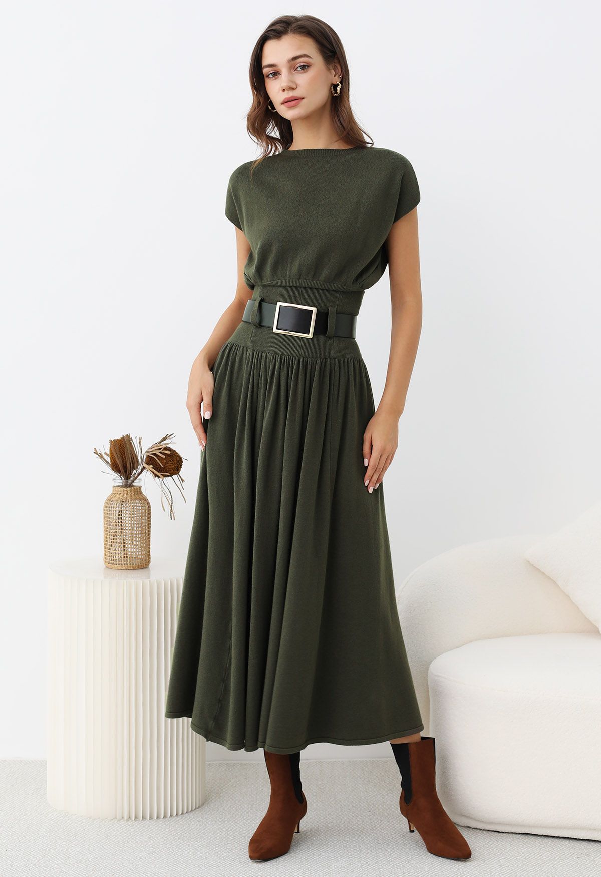 Gentle Knit Top and Belted High Waist Skirt Set in Army Green