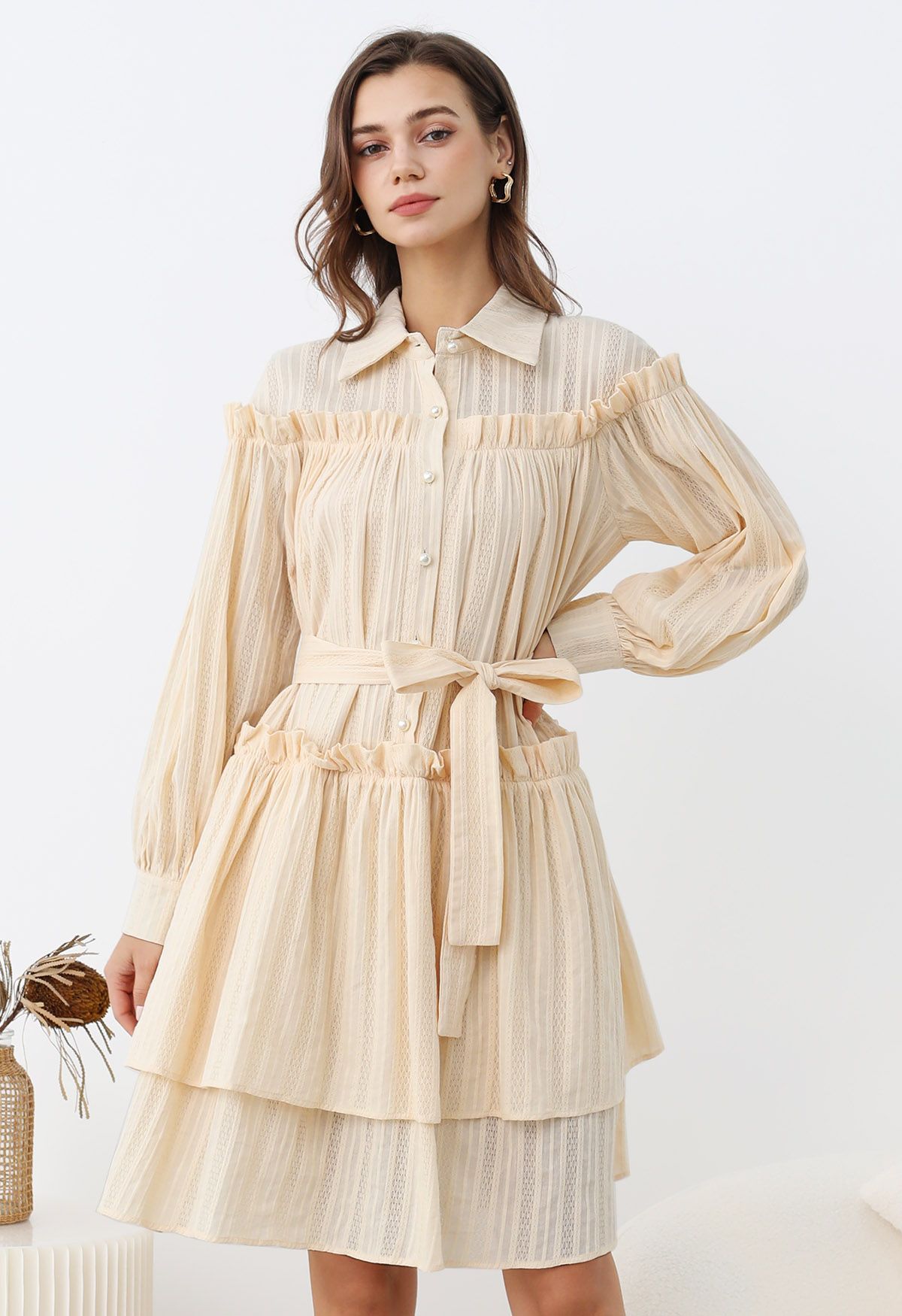 Ruffles Tiered Buttoned Belted Dolly Dress in Light Yellow