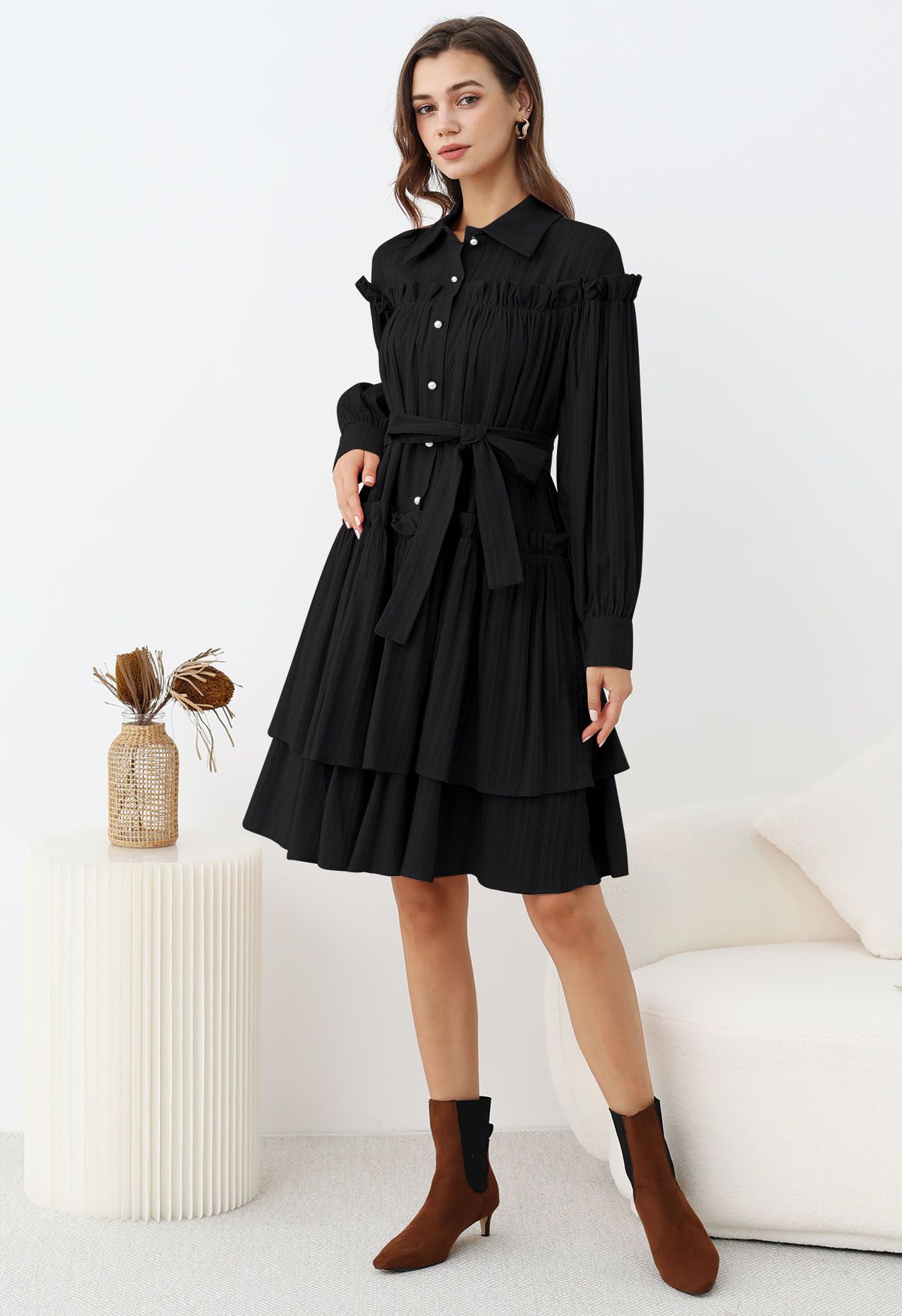 Ruffles Tiered Buttoned Belted Dolly Dress in Black