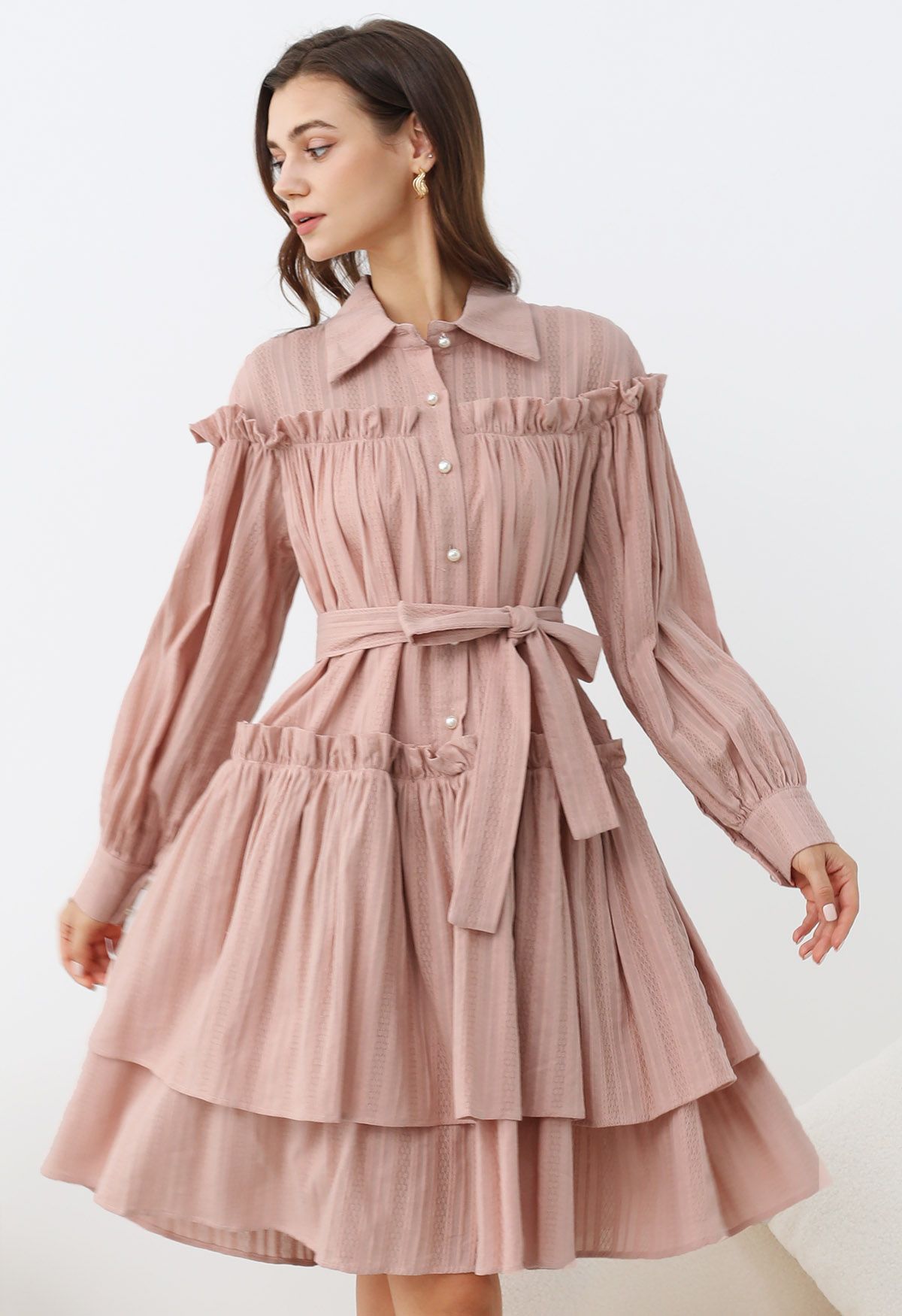 Ruffles Tiered Buttoned Belted Dolly Dress in Pink