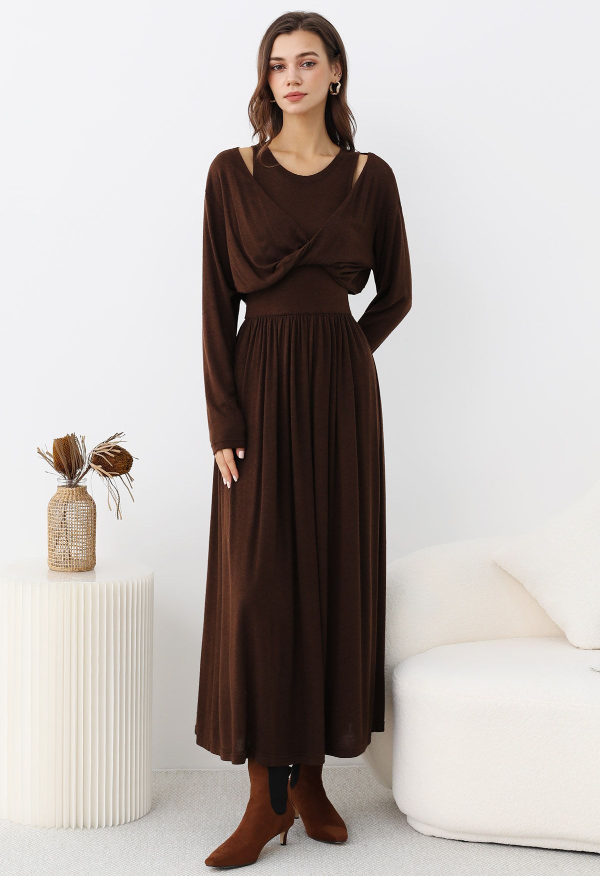 Limitless Charm Twist Front Knit Twinset Dress in Brown