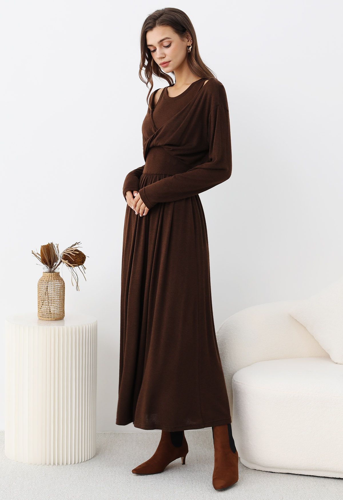 Limitless Charm Twist Front Knit Twinset Dress in Brown