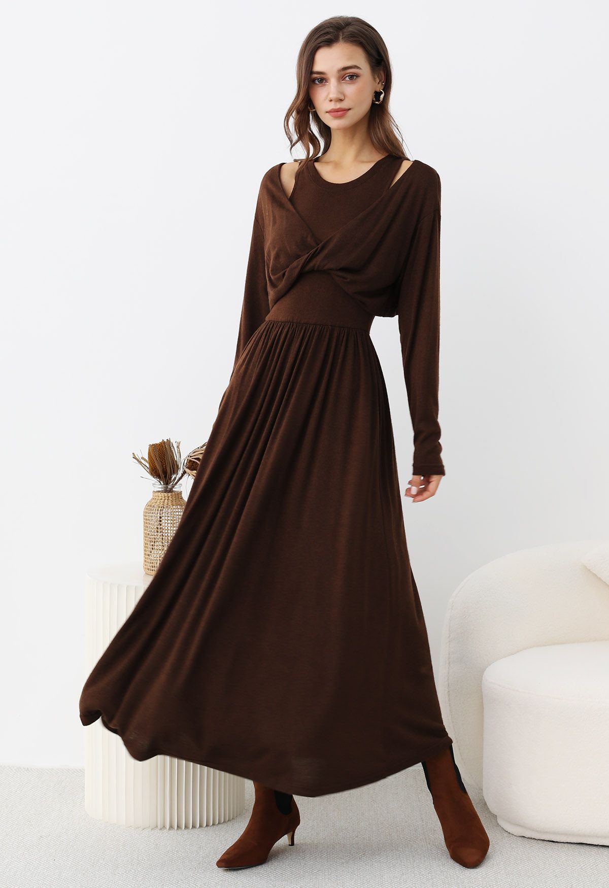 Limitless Charm Twist Front Knit Twinset Dress in Brown