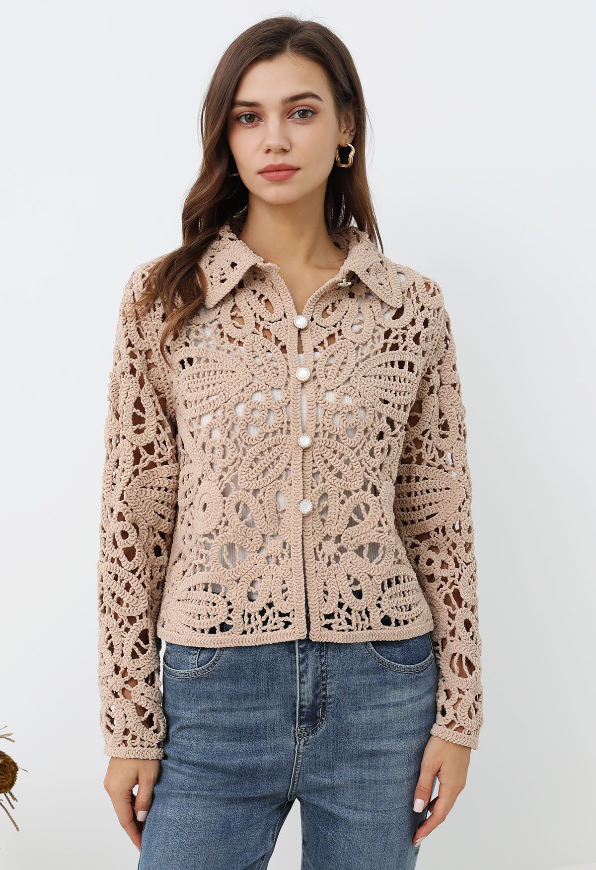 Floral Cutwork Crochet Pearly Buttoned Top