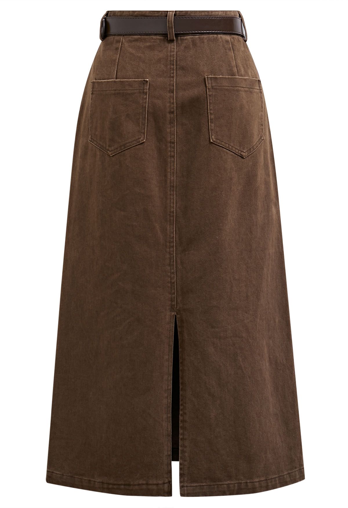 Utility Chic Belted Pocket Trim Denim Skirt in Brown