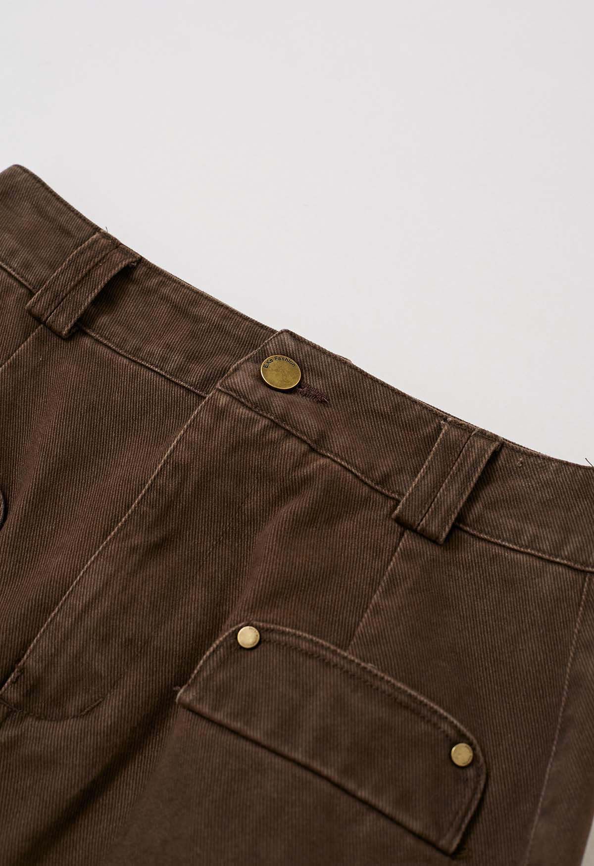 Utility Chic Belted Pocket Trim Denim Skirt in Brown