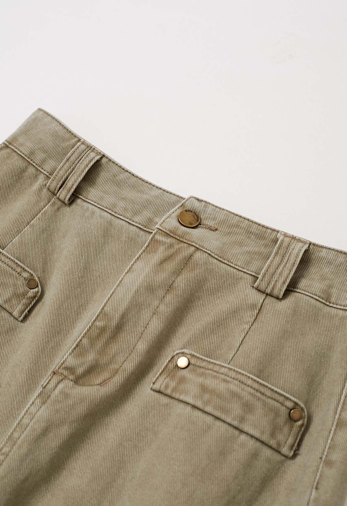 Utility Chic Belted Pocket Trim Denim Skirt in Sand