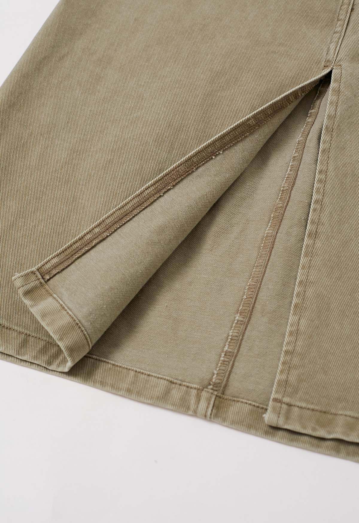 Utility Chic Belted Pocket Trim Denim Skirt in Sand