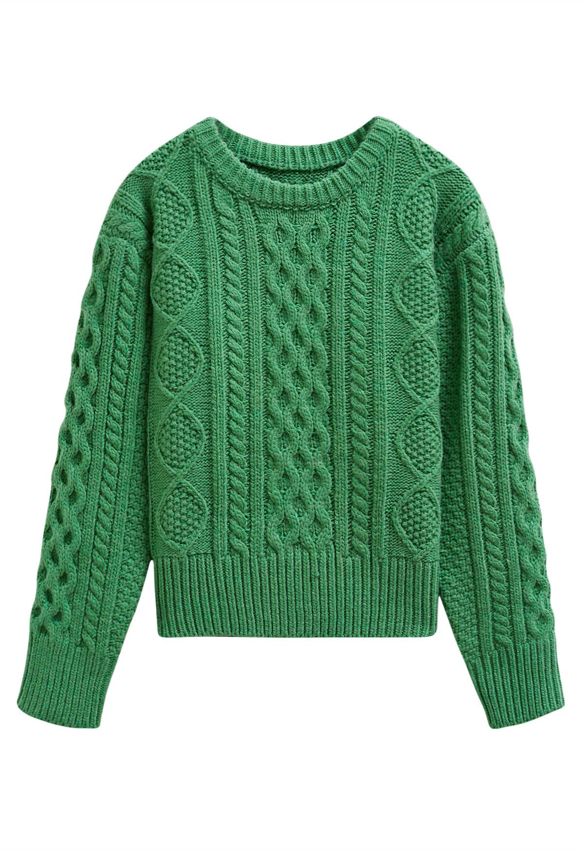 Hug-Me Cable Knit Crewneck Sweater in Green