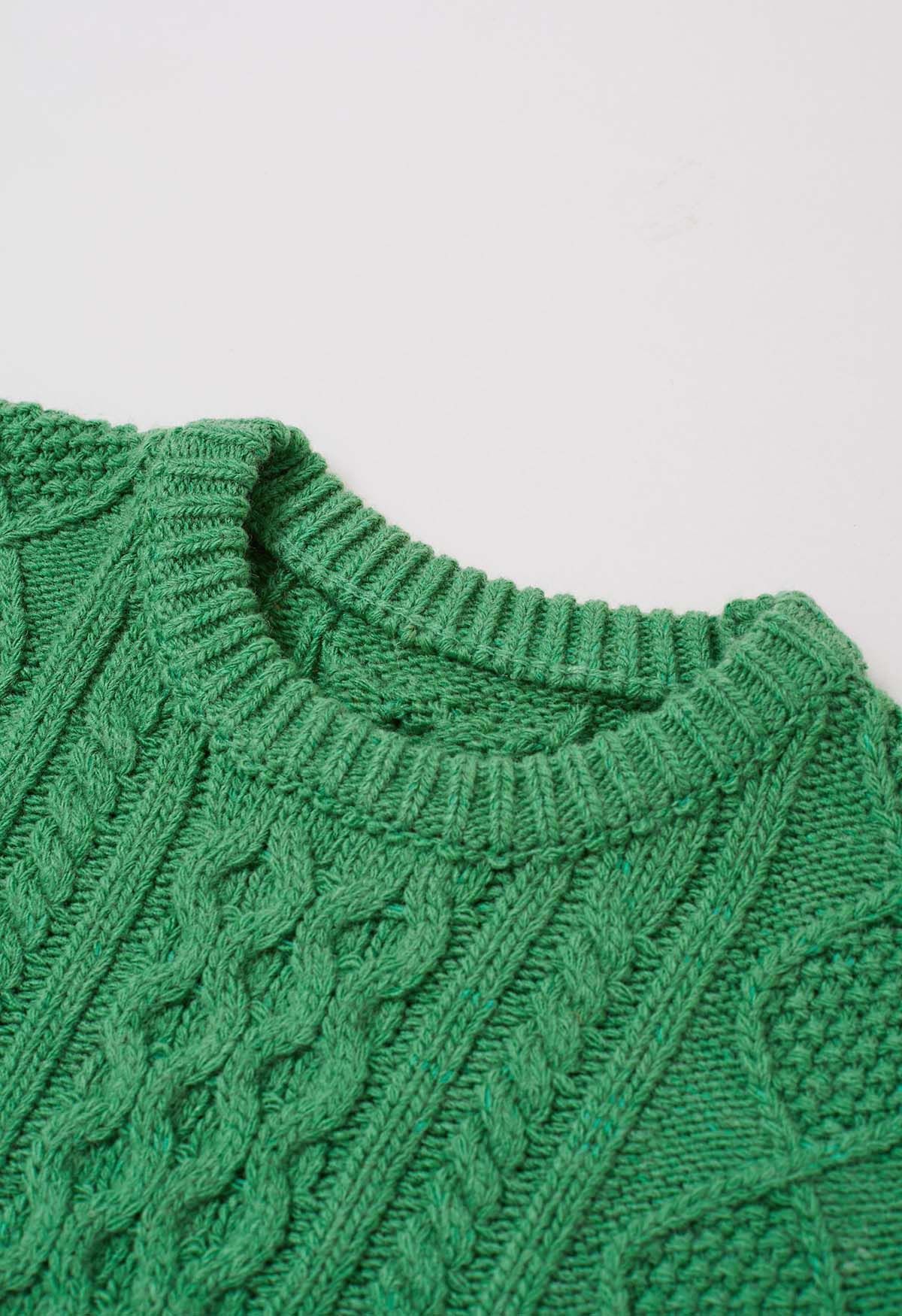 Hug-Me Cable Knit Crewneck Sweater in Green