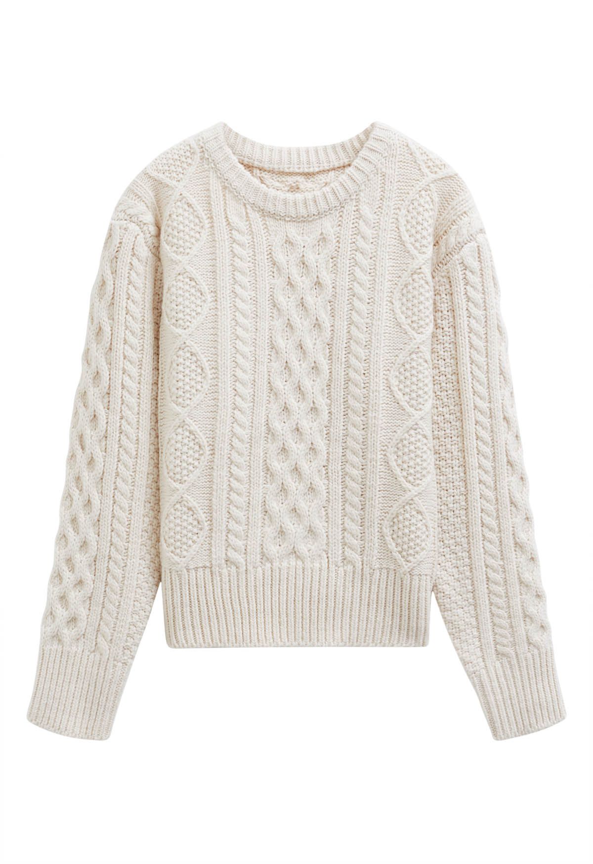 Hug-Me Cable Knit Crewneck Sweater in Ivory