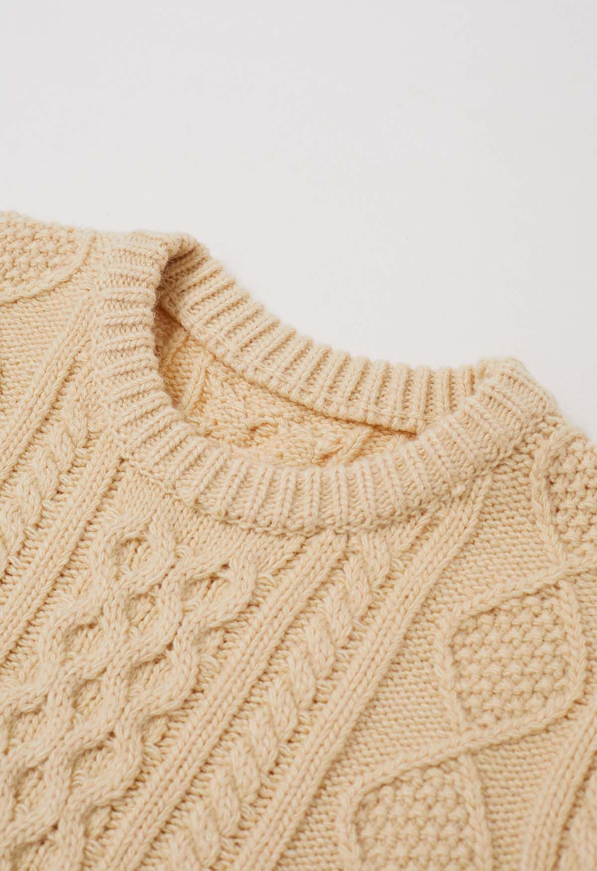 Hug-Me Cable Knit Crewneck Sweater in Light Yellow