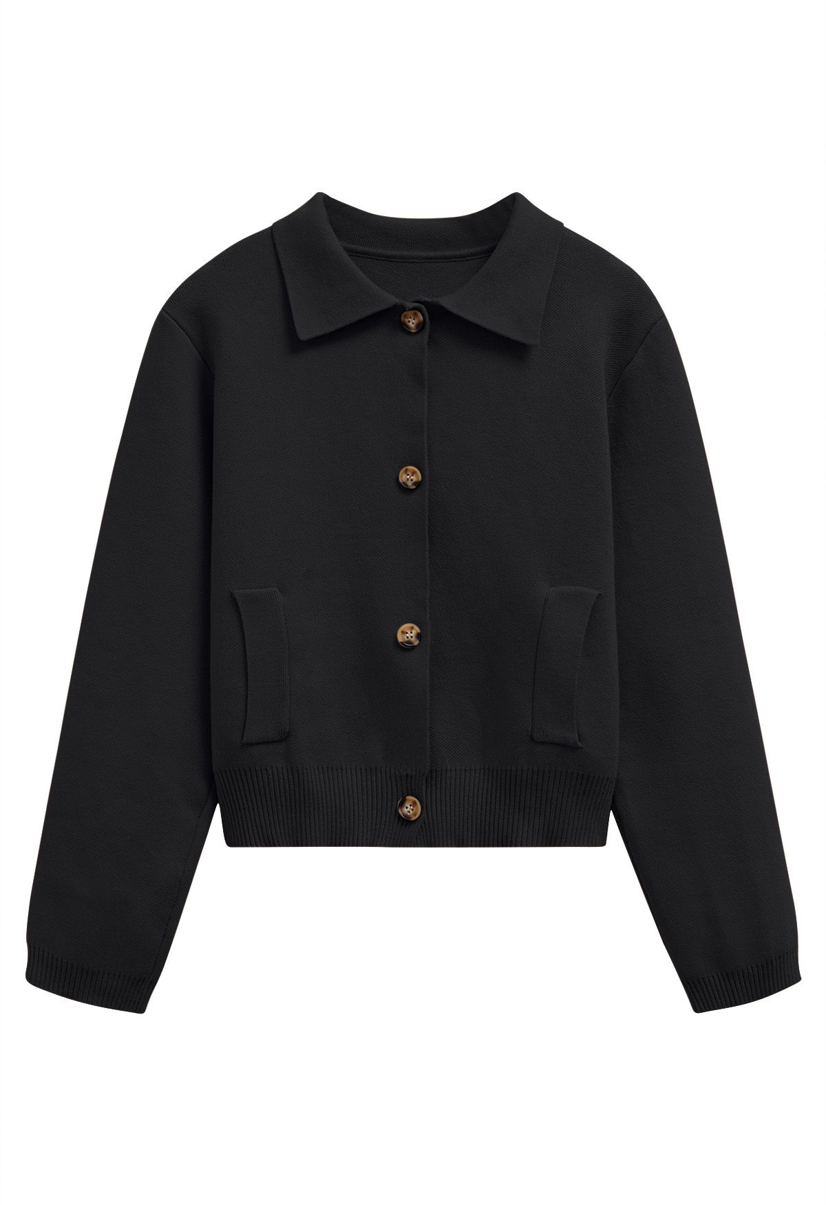 Classic Collar Button Down Knit Jacket in Black