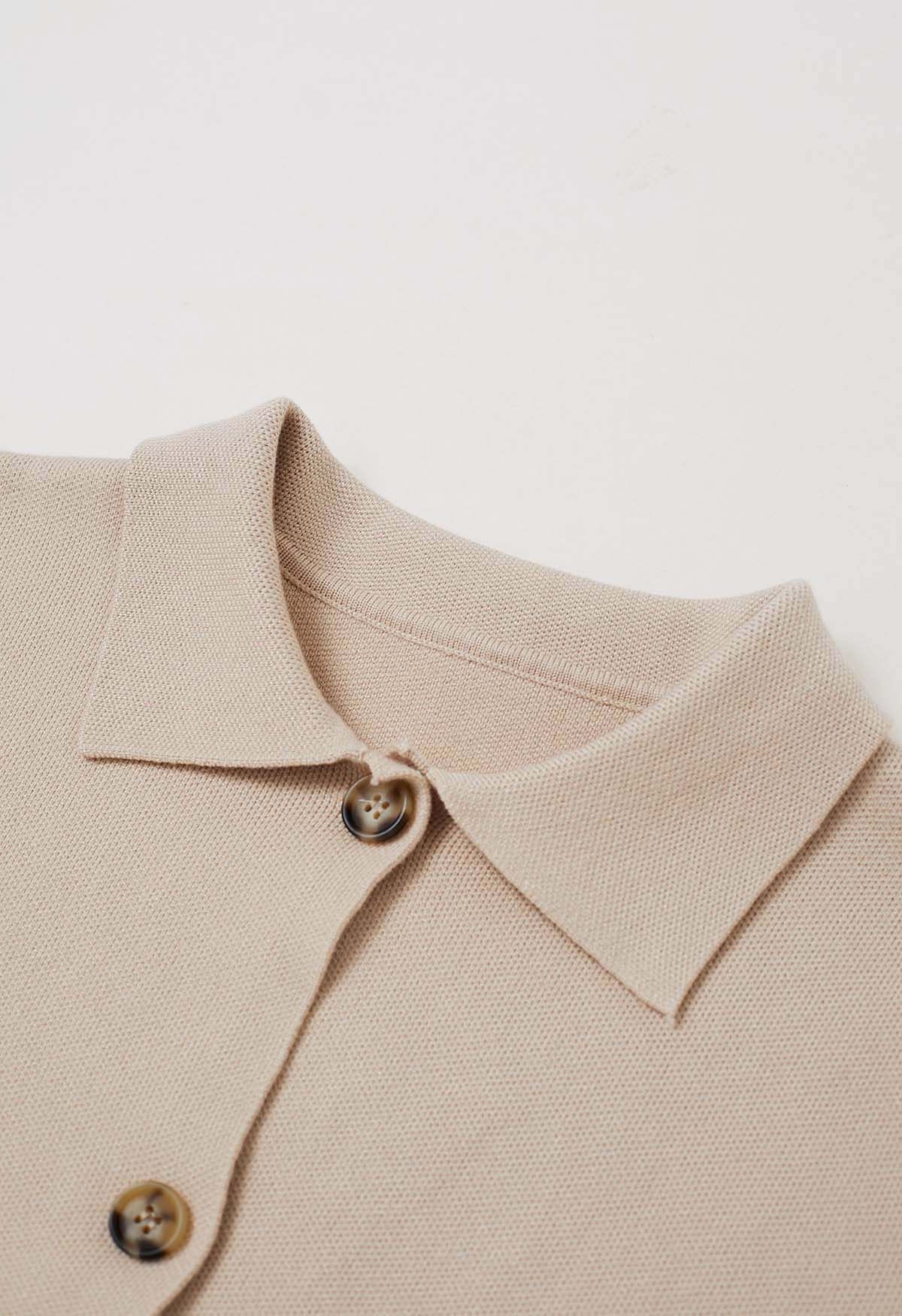 Classic Collar Button Down Knit Jacket in Light Tan