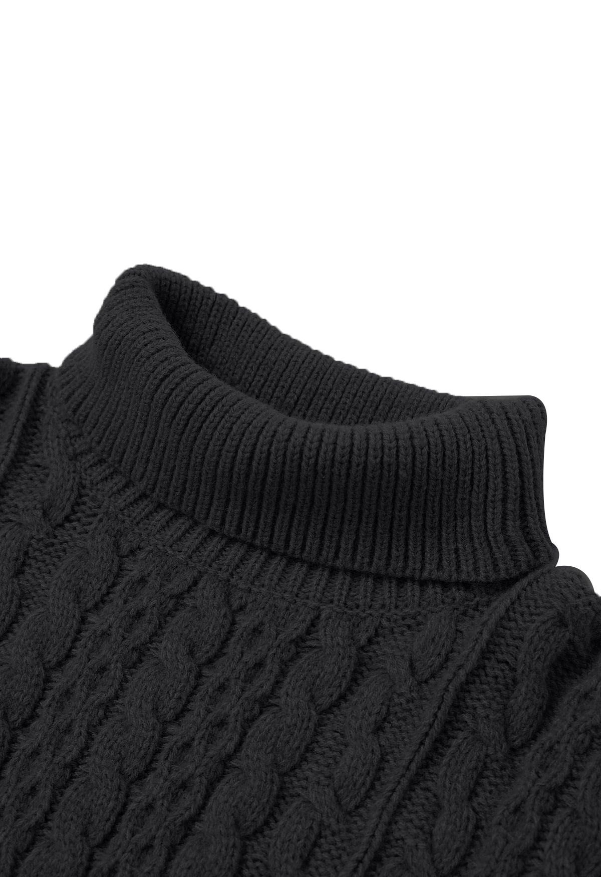 Warmth Turtleneck Cable Knit Cape Sweater in Black