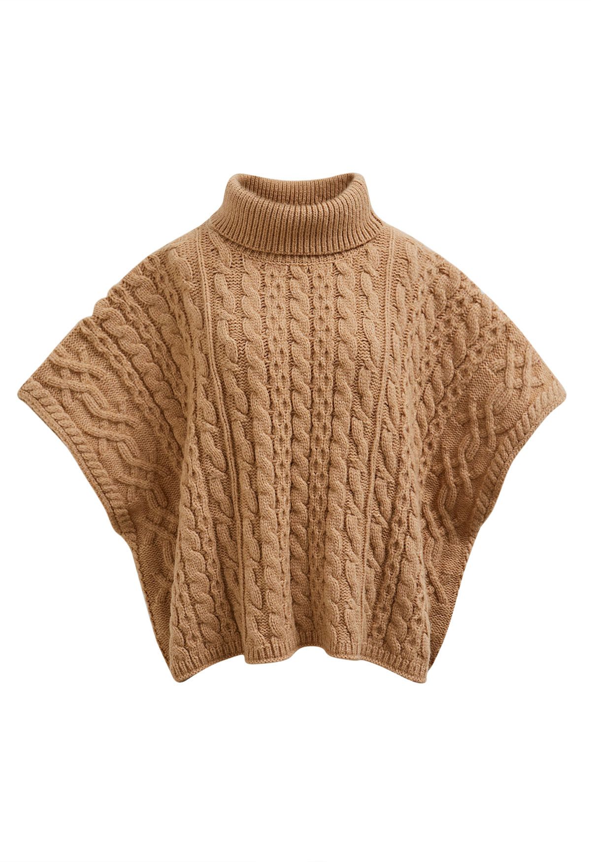 Warmth Turtleneck Cable Knit Cape Sweater in Camel