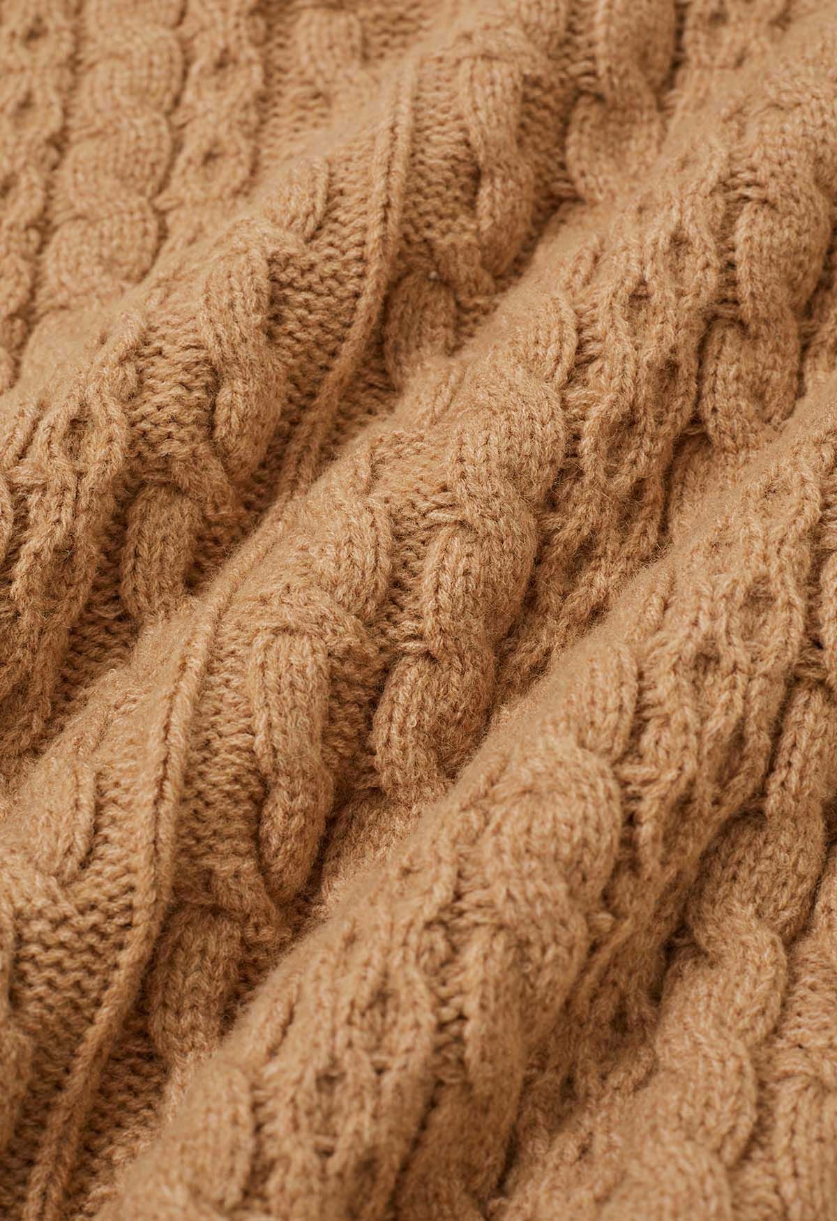 Warmth Turtleneck Cable Knit Cape Sweater in Camel