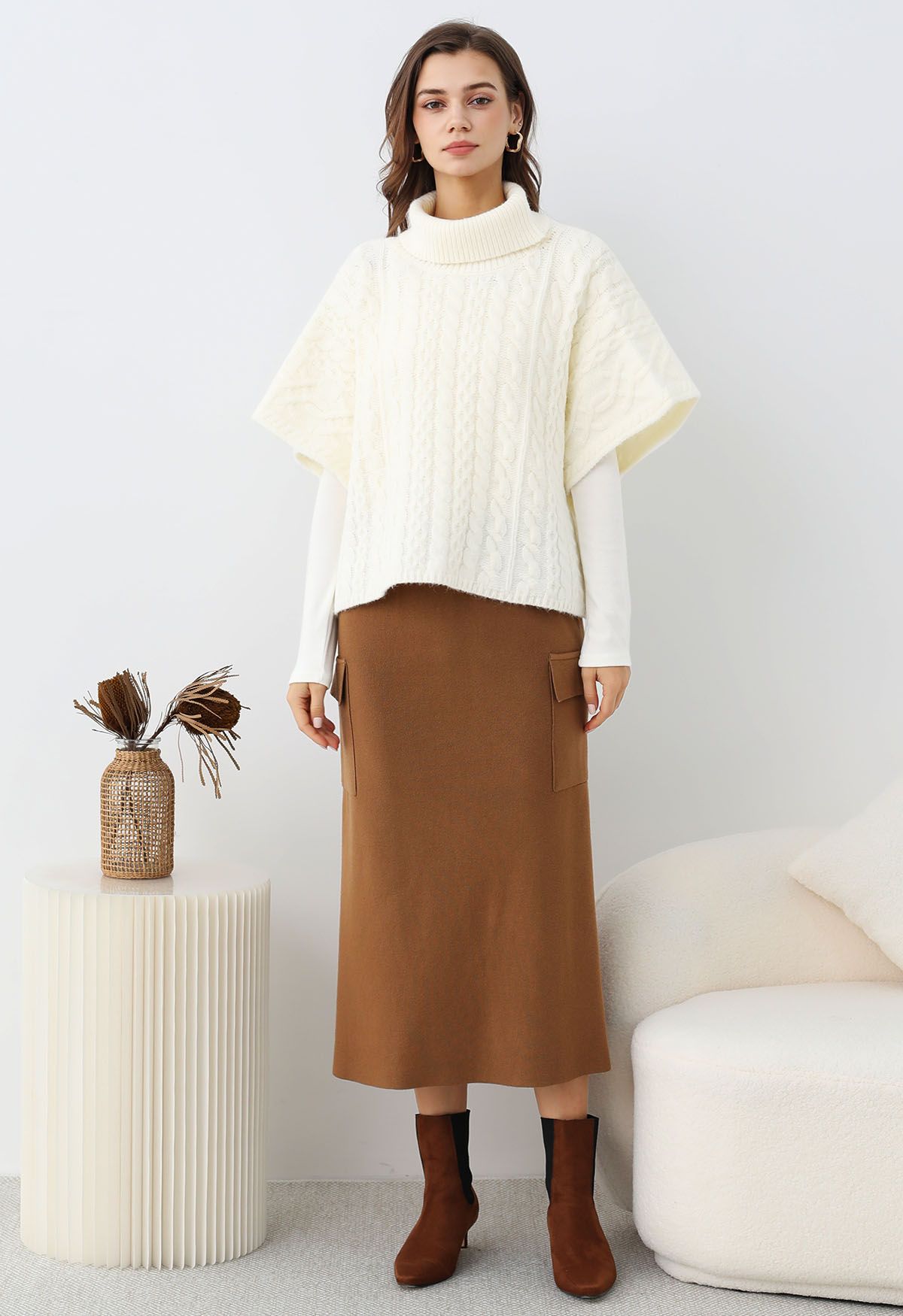 Fake Pocket Stylish Tie-Waist Knit Skirt in Caramel