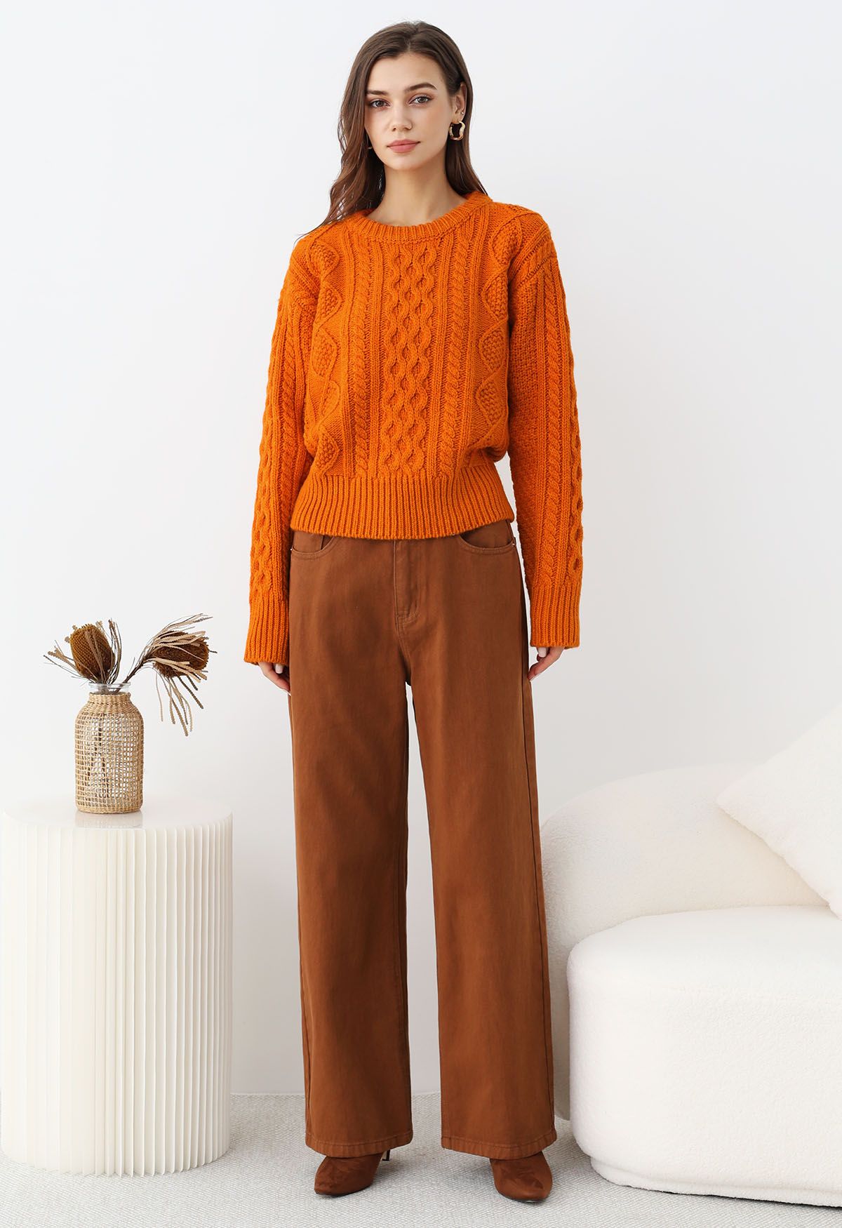 Hug-Me Cable Knit Crewneck Sweater in Pumpkin