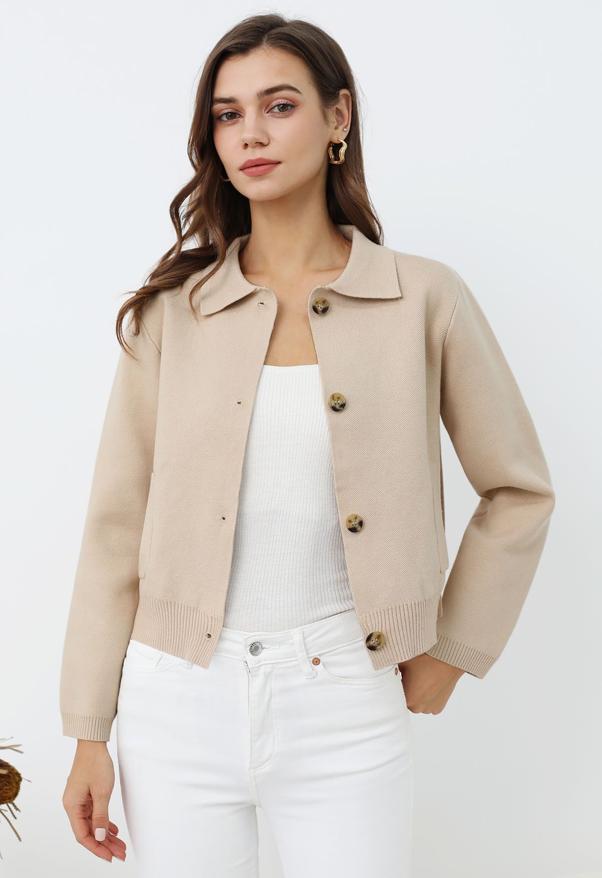 Classic Collar Button Down Knit Jacket in Light Tan