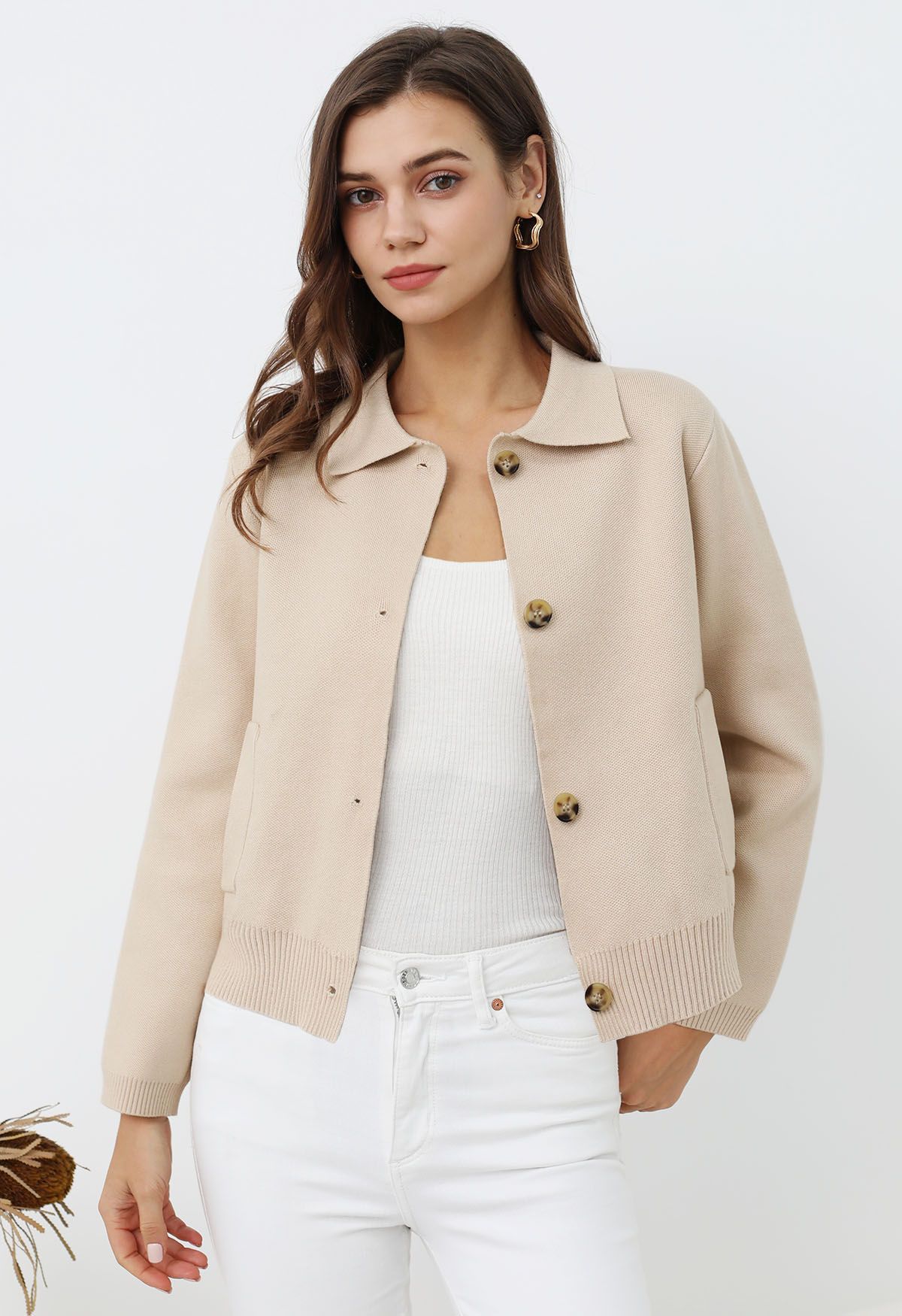 Classic Collar Button Down Knit Jacket in Light Tan