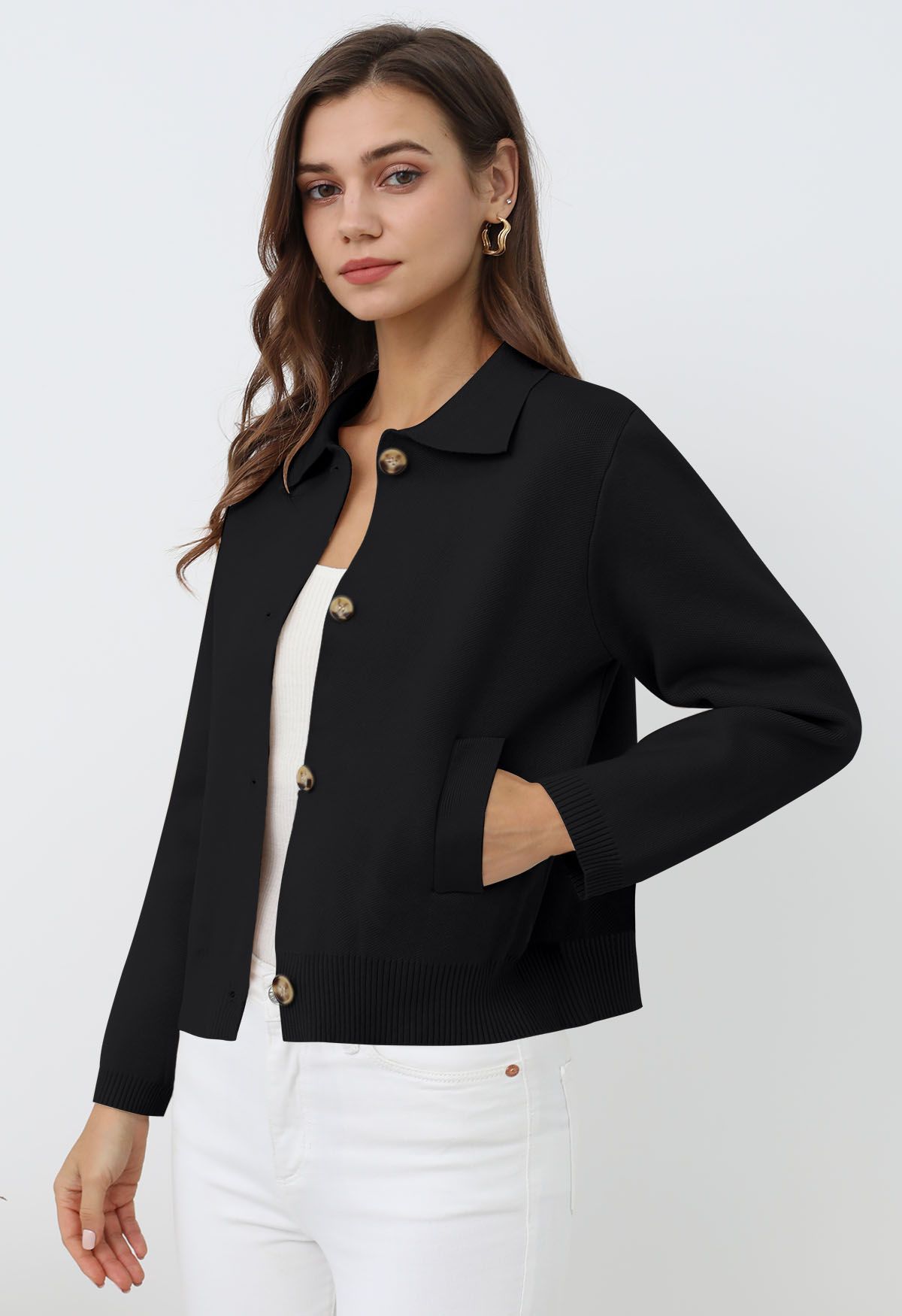 Classic Collar Button Down Knit Jacket in Black