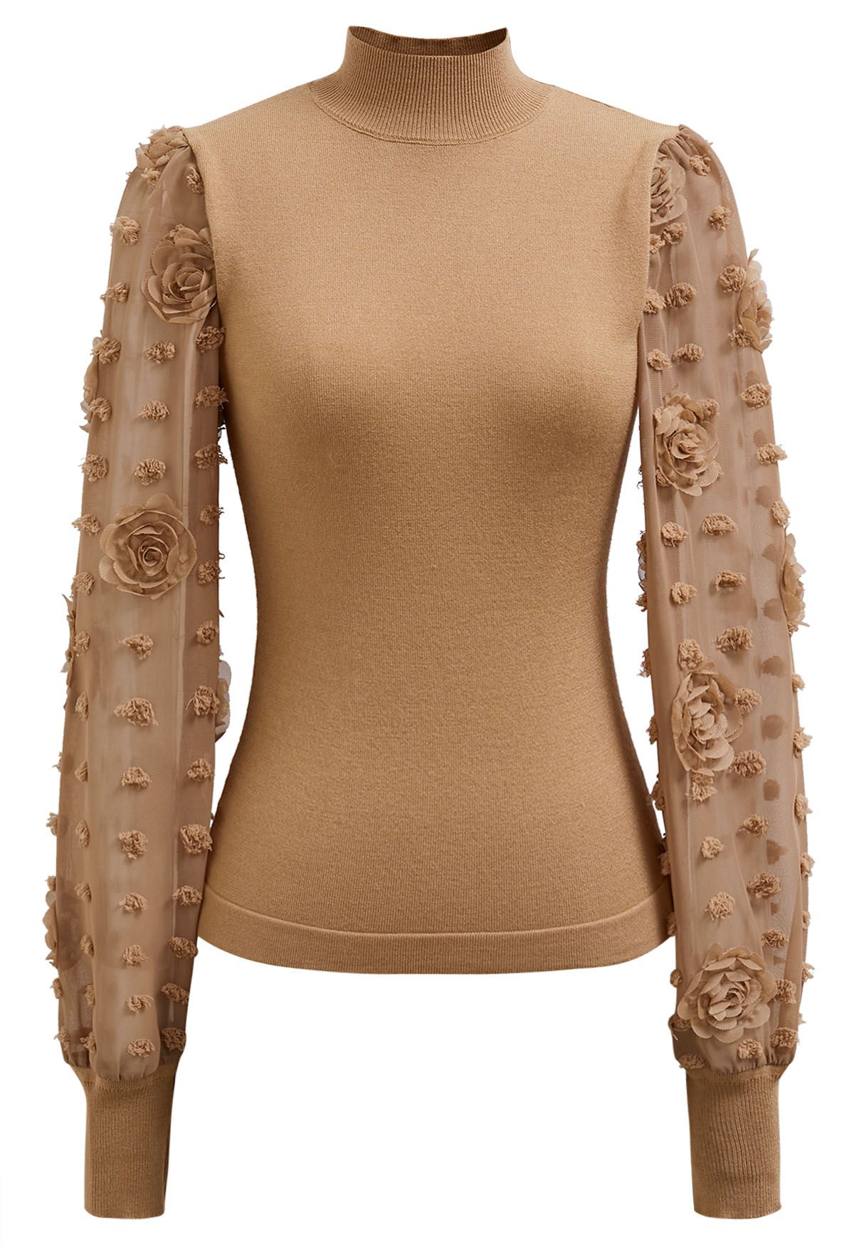 Rose Cotton Candy Spliced Sleeves Knit Top in Caramel