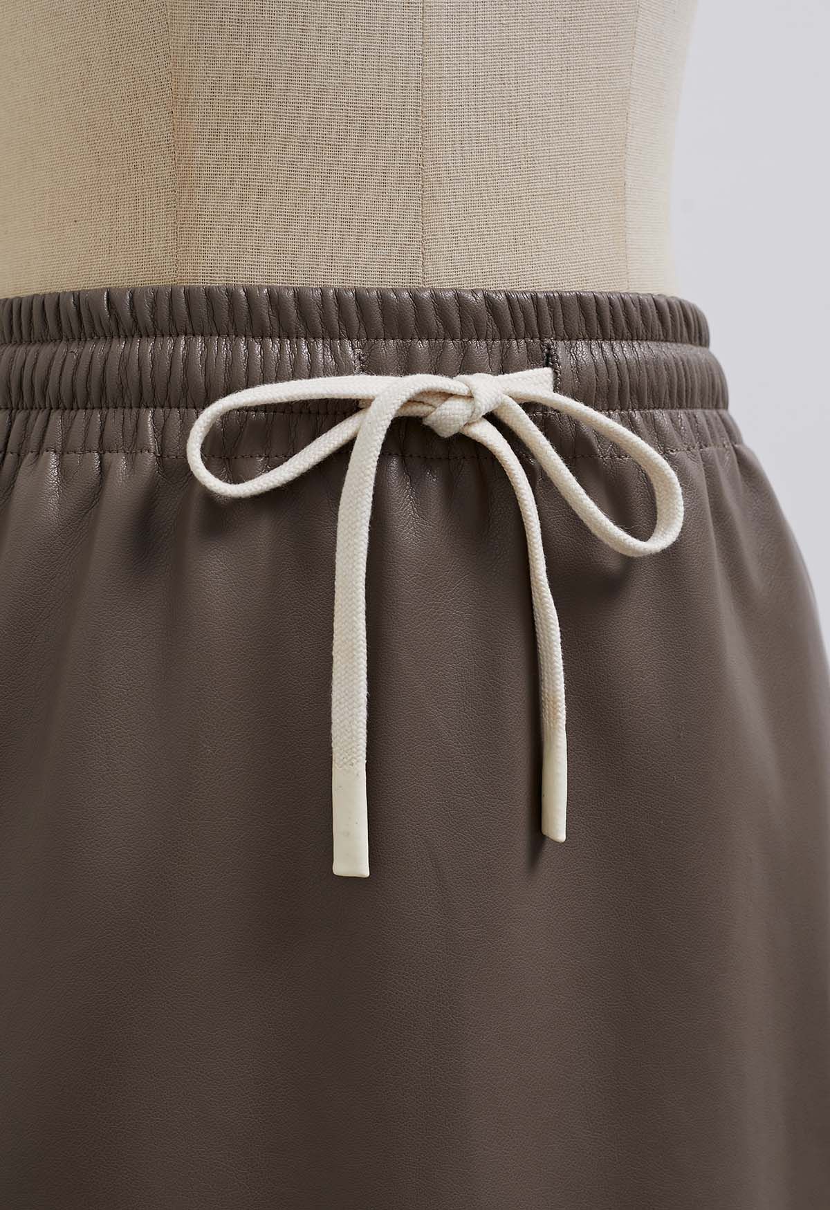 Faux Leather Drawstring Waist Mini Skirt in Brown