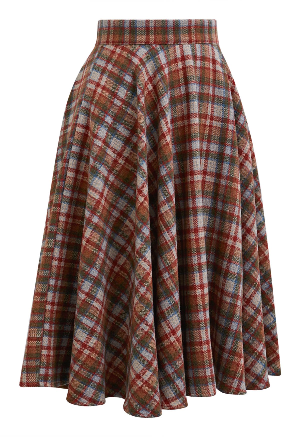 Effortless Plaid Pattern A-Line Skirt in Red