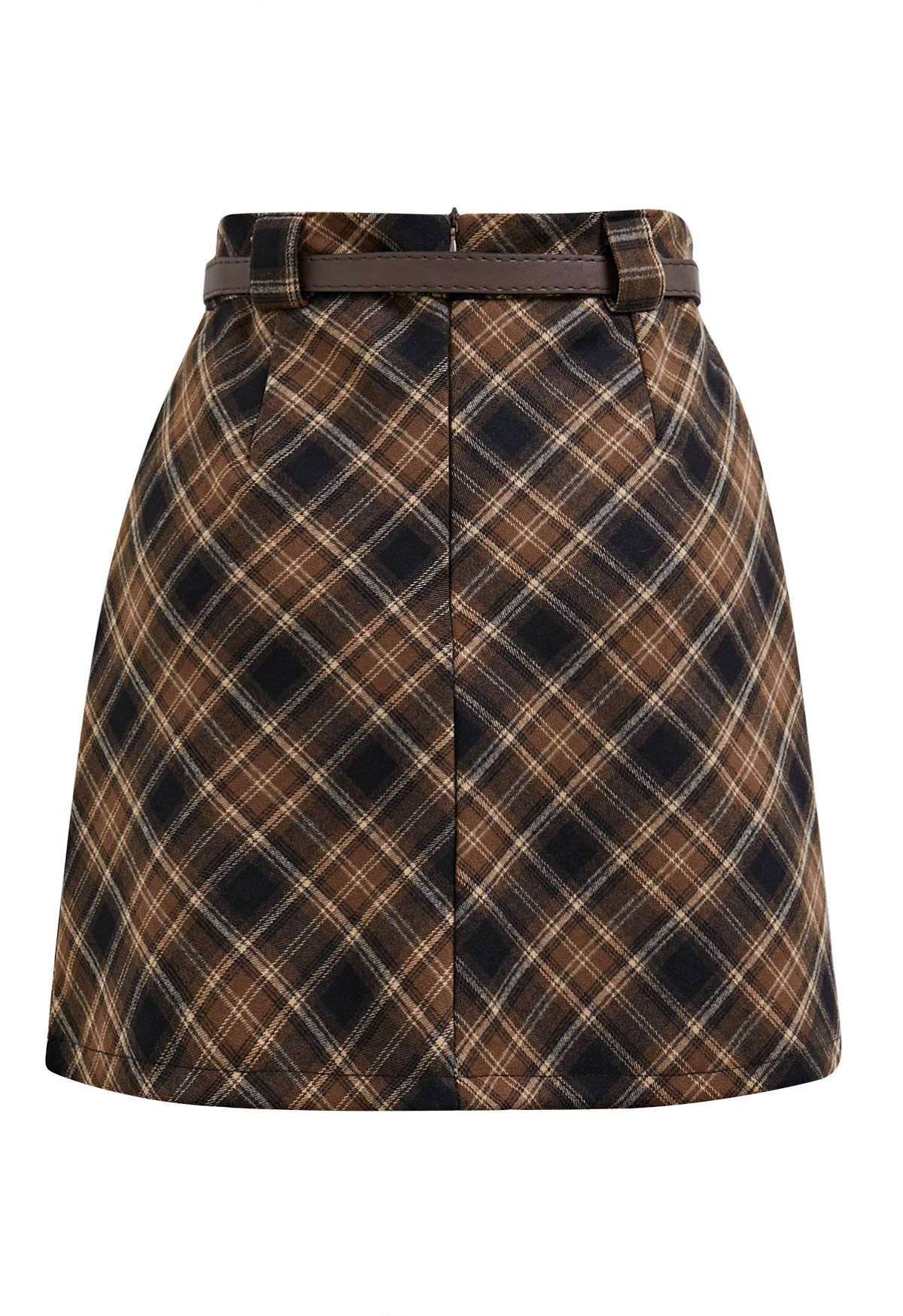 Darling Plaid Belted Mini Skirt in Brown