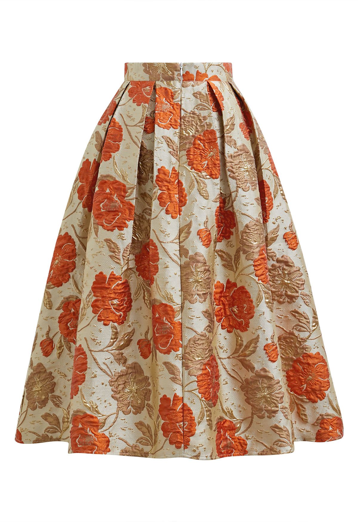 Ornate Floral Jacquard Pleated Flare Midi Skirt in Orange